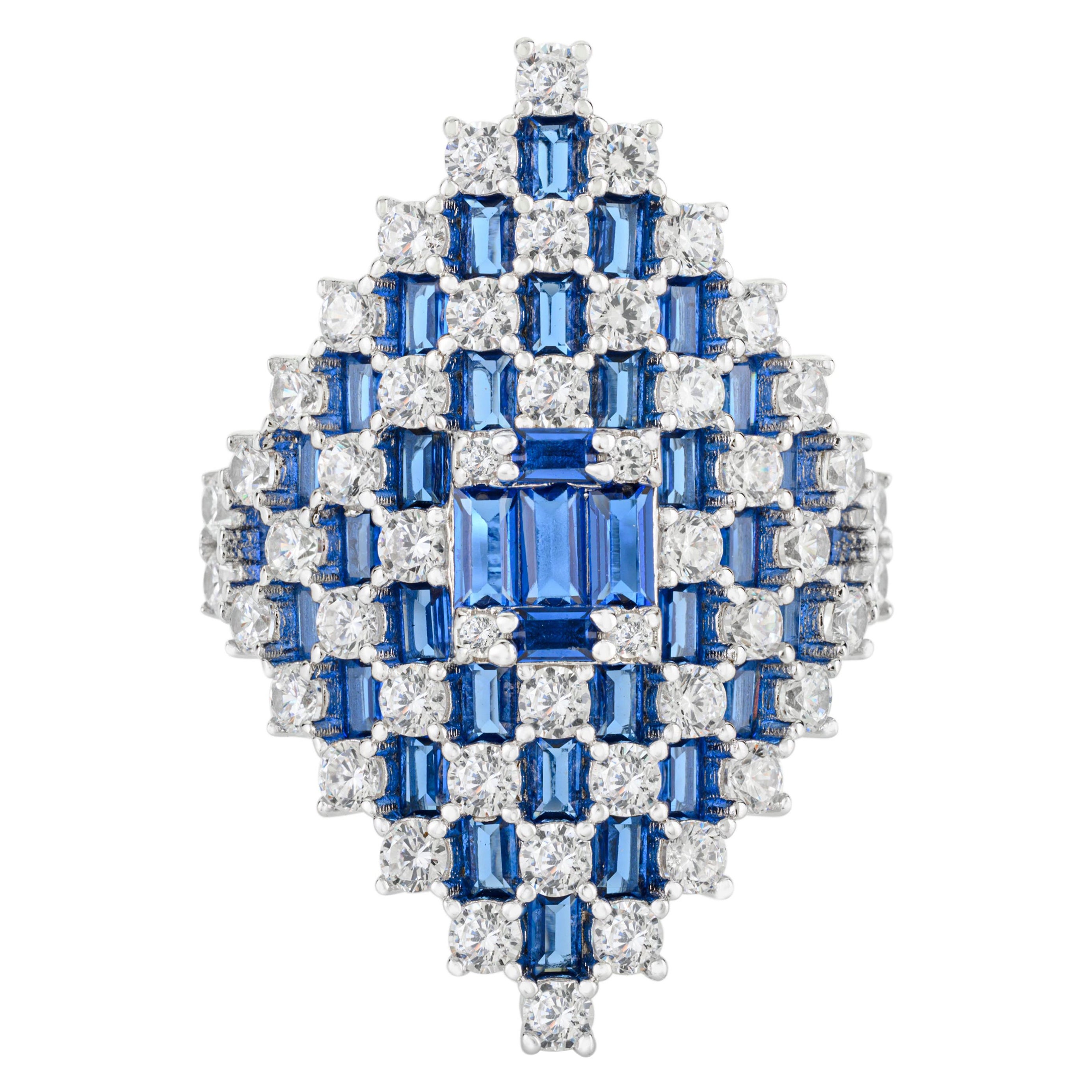 For Sale:  Modernist 925 Sterling Silver Long Blue Zircon Cluster Wedding Ring