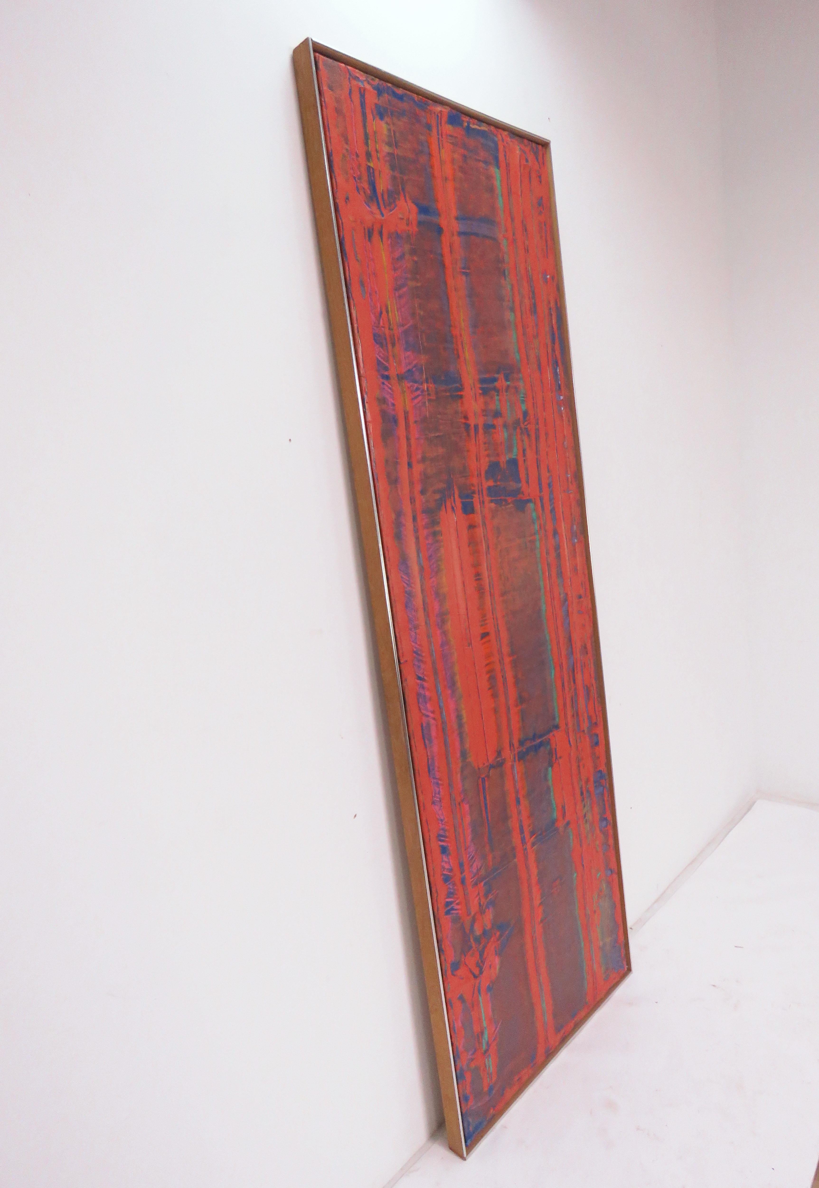 Colossal 90” (7 1/2 feet) abstract linear painting by noted American artist Stephen Achimore, titled “Alydar” and dated 1987. A highly textural post modern work that resonates with an Industrial presence and can be effectively oriented either