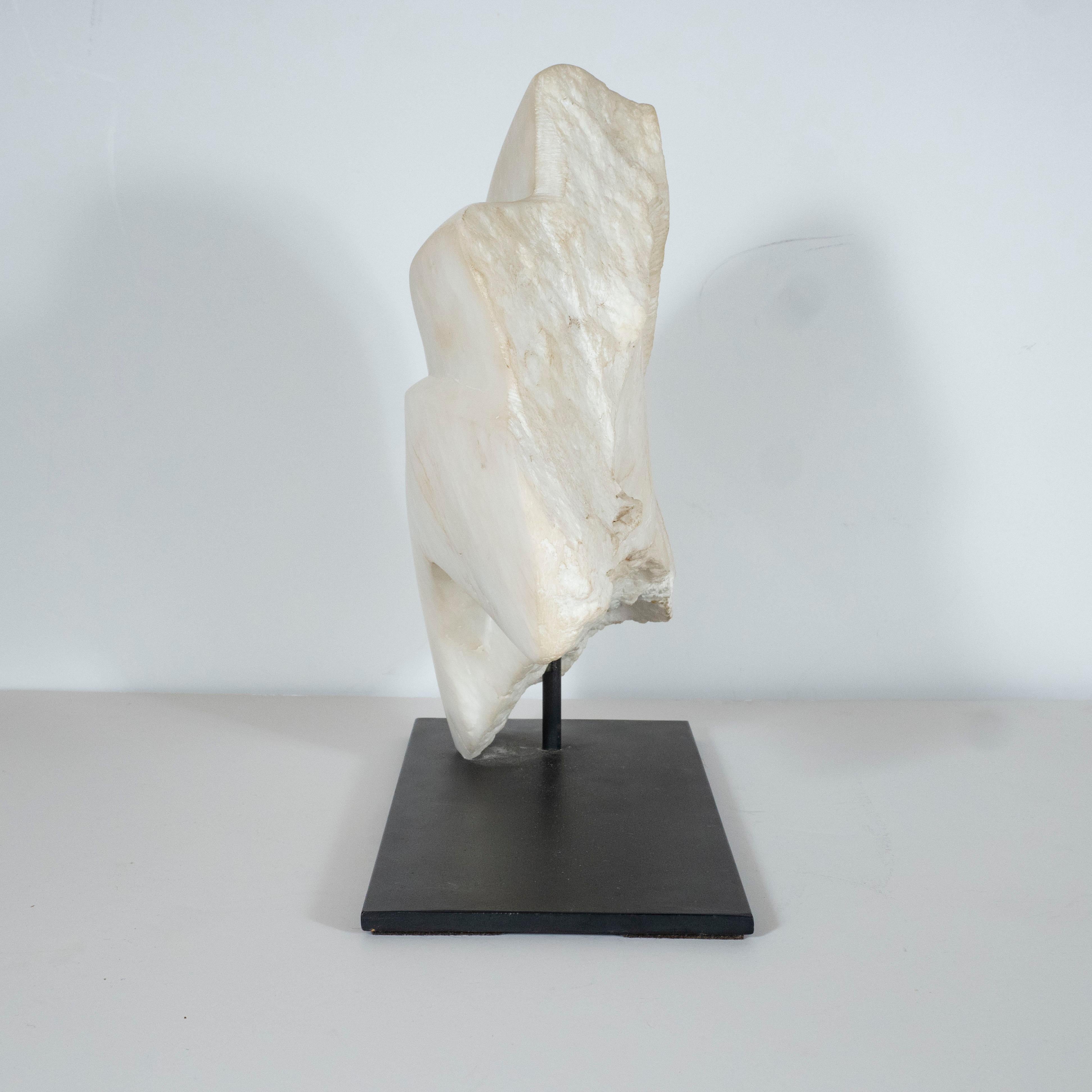 American Modernist Abstract Amorphic Carrera Marble Statue on Black Enamel Steel Base