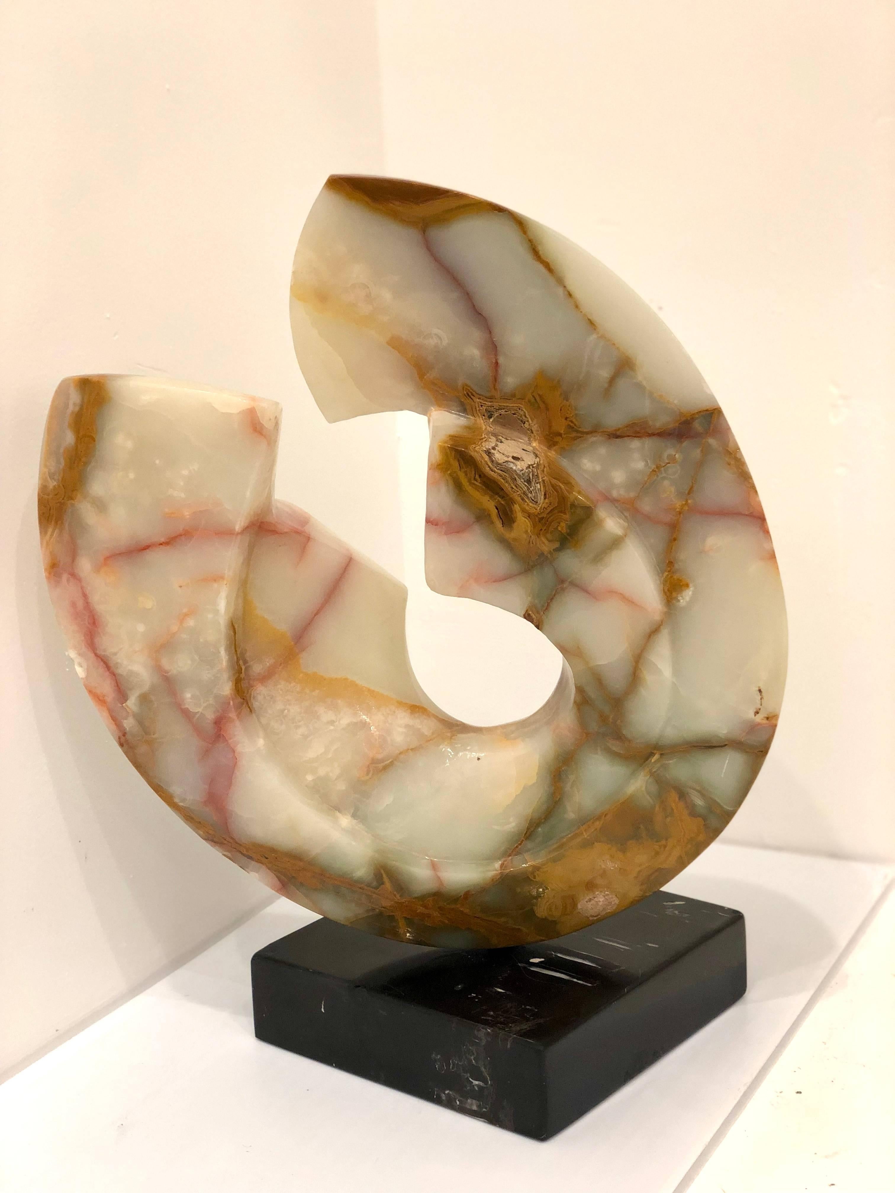 Mid-Century Modern Modernist Abstract Carved Onyx Sculpture on Black Marble Base