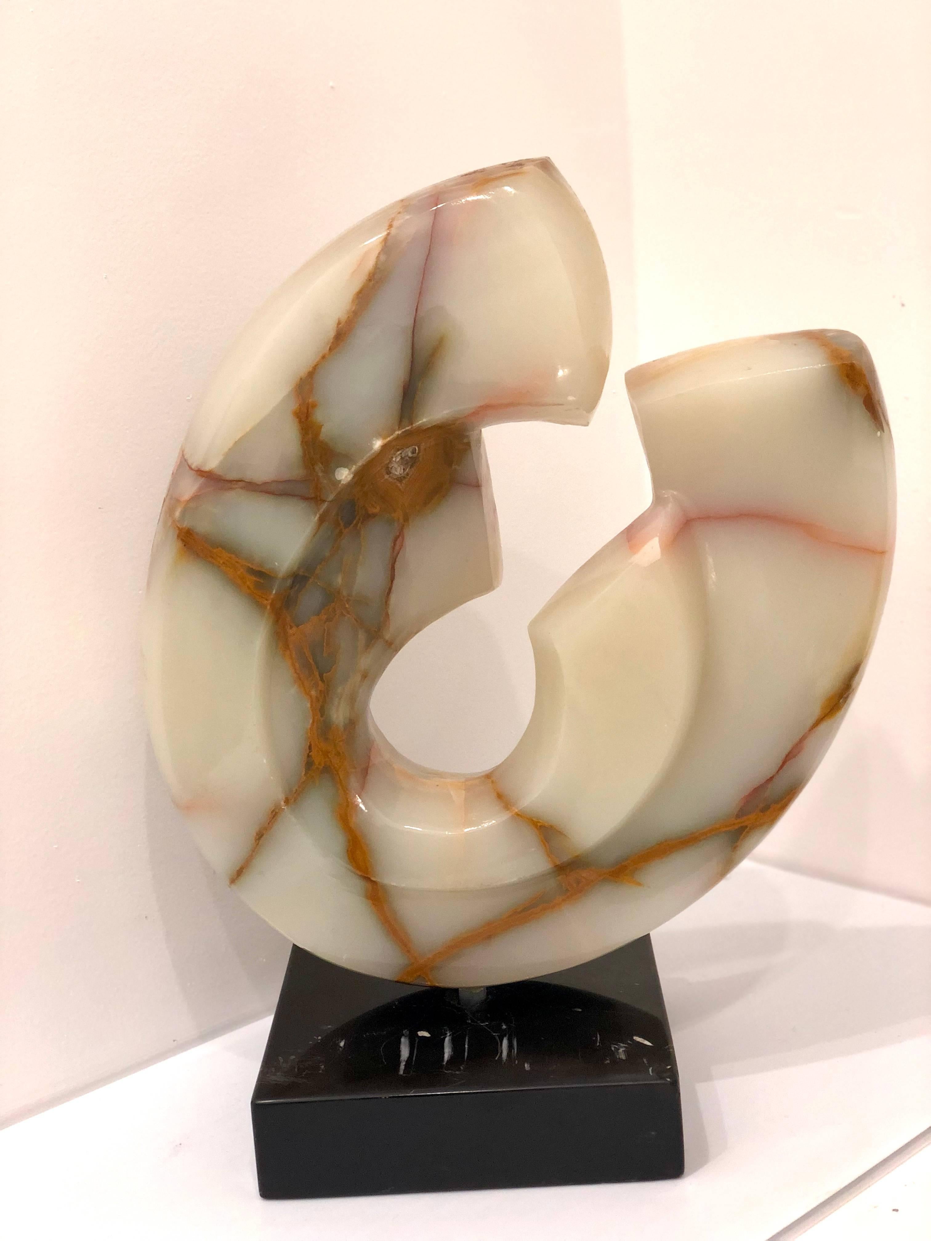 American Modernist Abstract Carved Onyx Sculpture on Black Marble Base