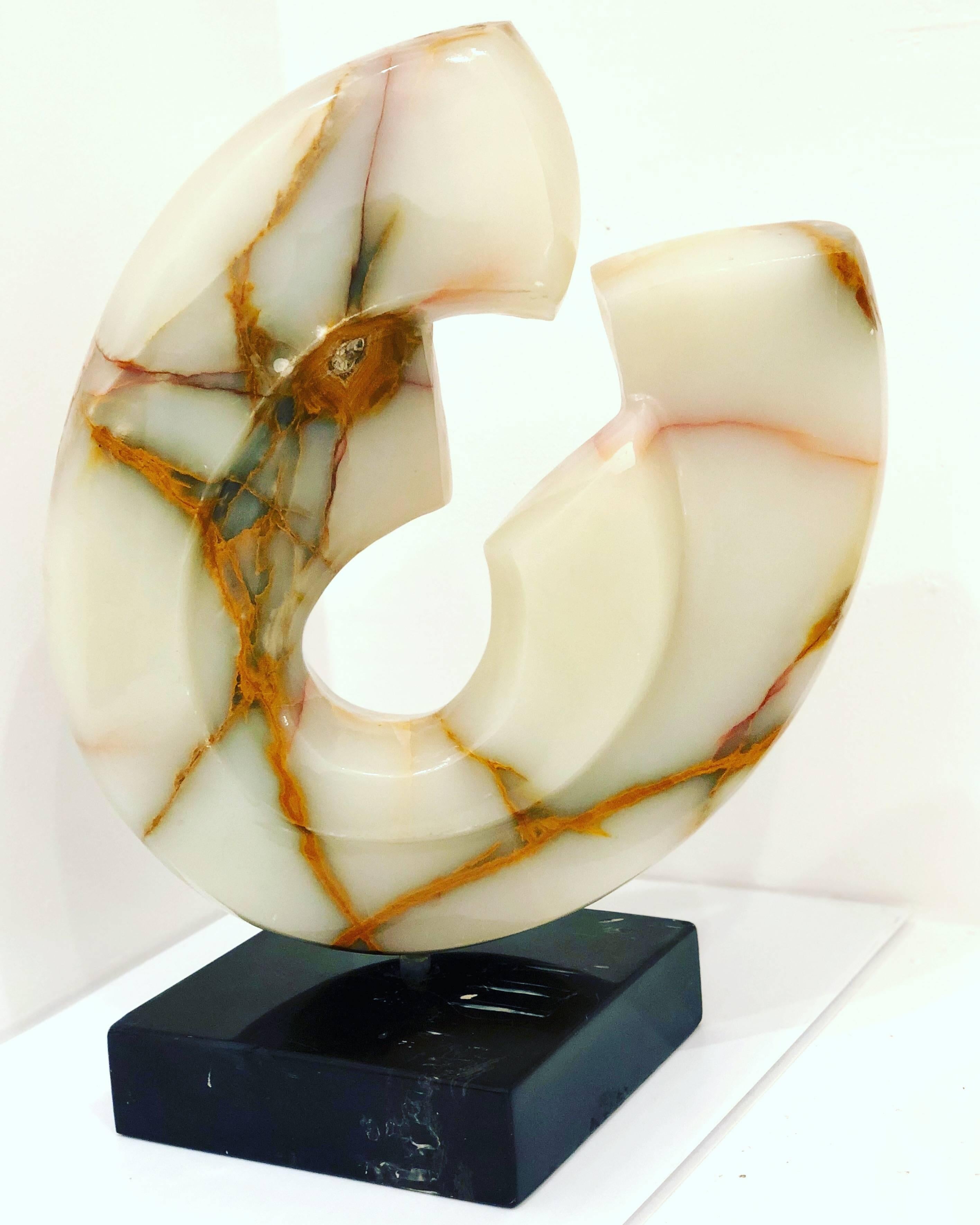 20th Century Modernist Abstract Carved Onyx Sculpture on Black Marble Base