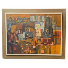 Vintage Modernist Abstract Cityscape Painting by California Artist Maurice Lapp 1970's