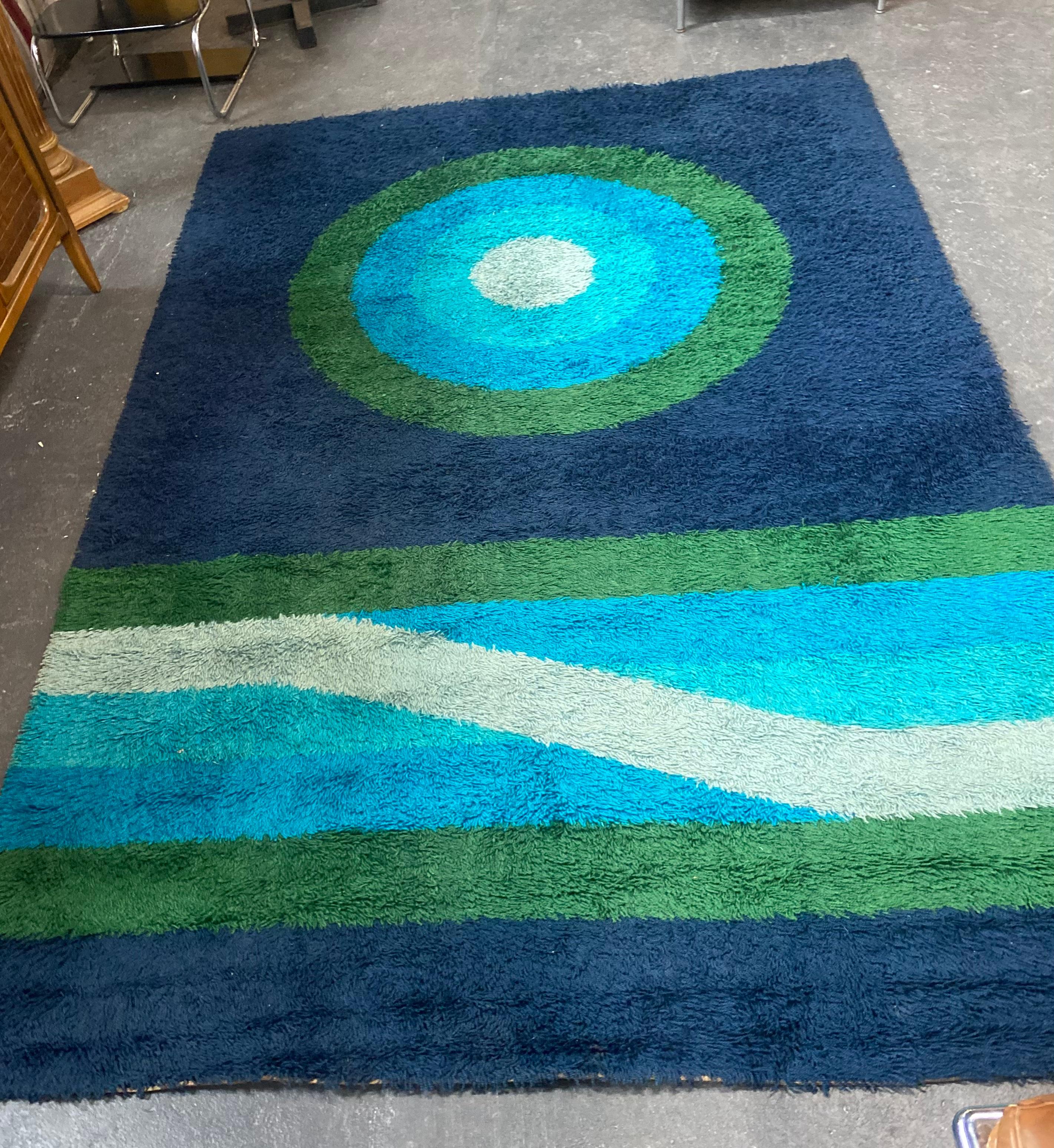 Mid-Century Modern Modernist Abstract Ege Rya Rug, 9 x 7, Blues and Greens  For Sale