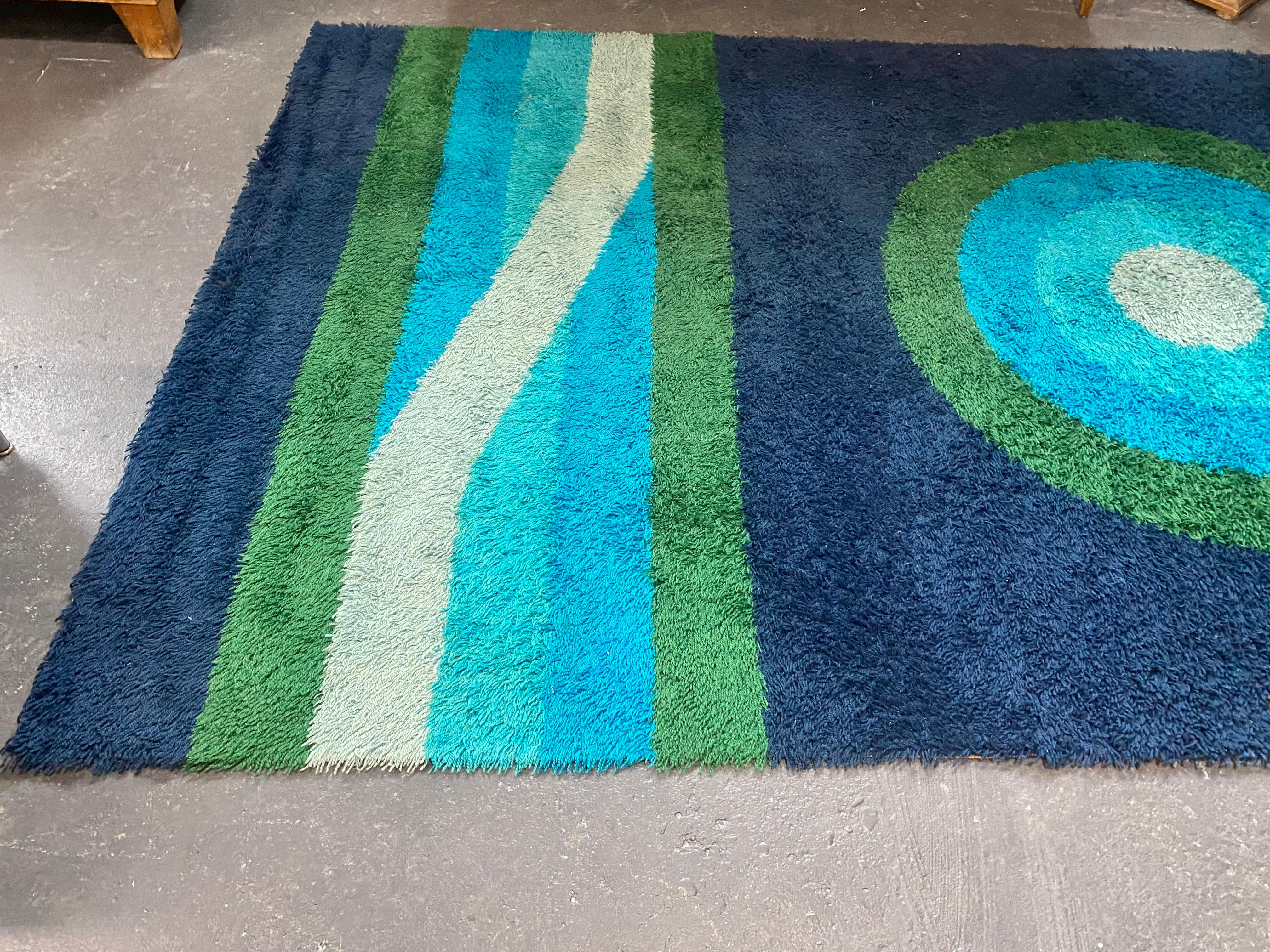 Danish Modernist Abstract Ege Rya Rug, 9 x 7, Blues and Greens  For Sale