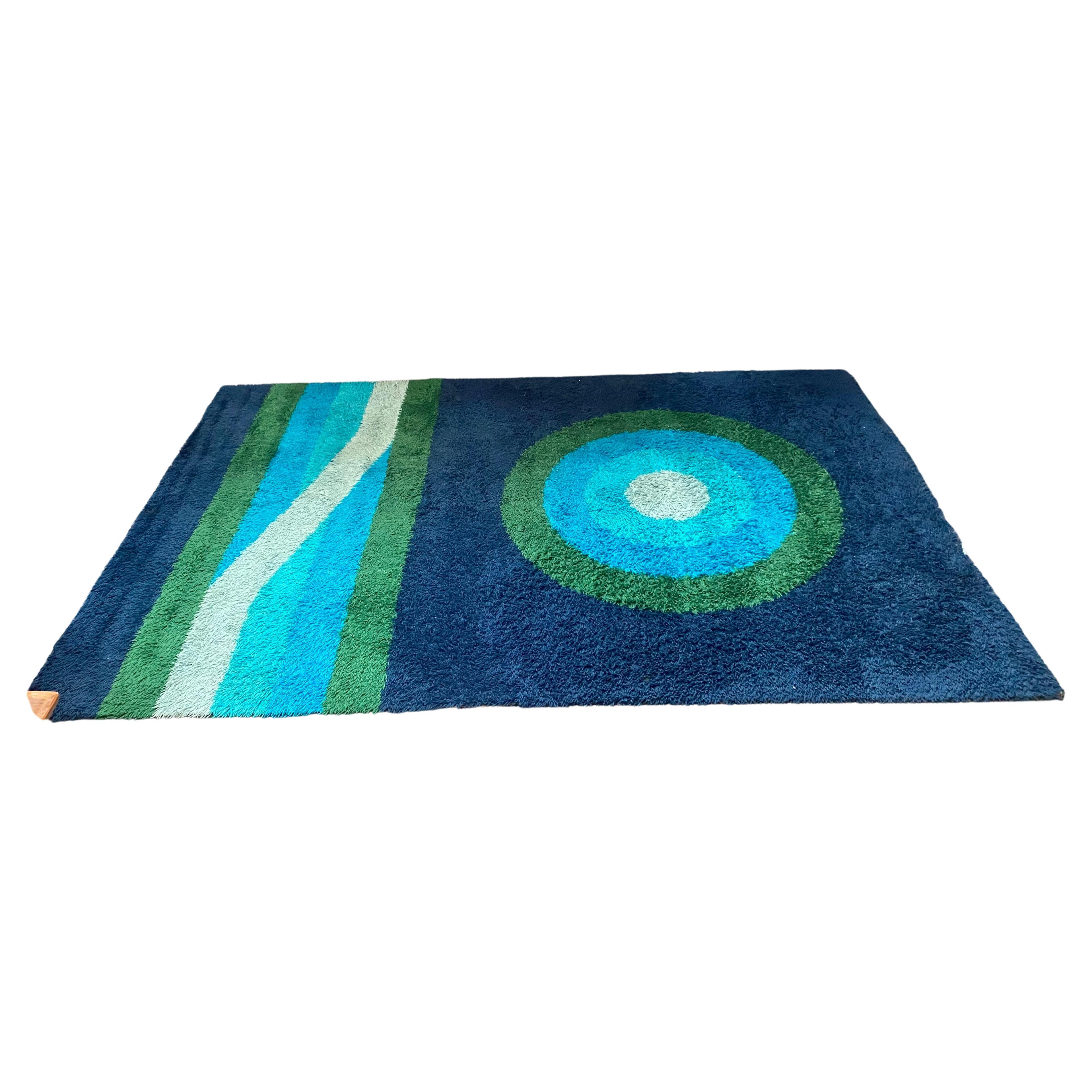 Modernist Abstract Ege Rya Rug, 9 x 7, Blues and Greens  For Sale