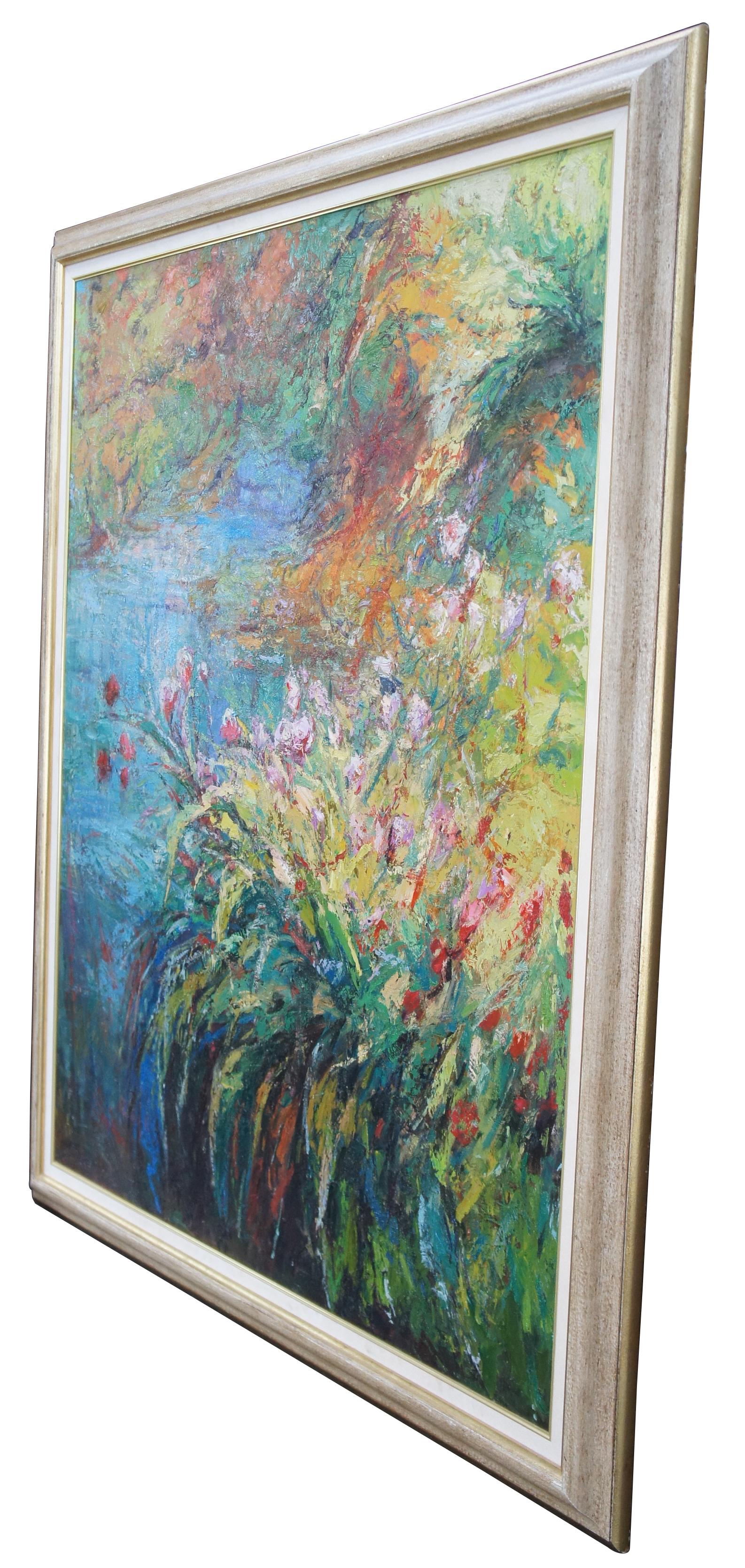 Abstract oil painting of a colorful river landscape with floring flowers. Signed lower left.

Measures: 56