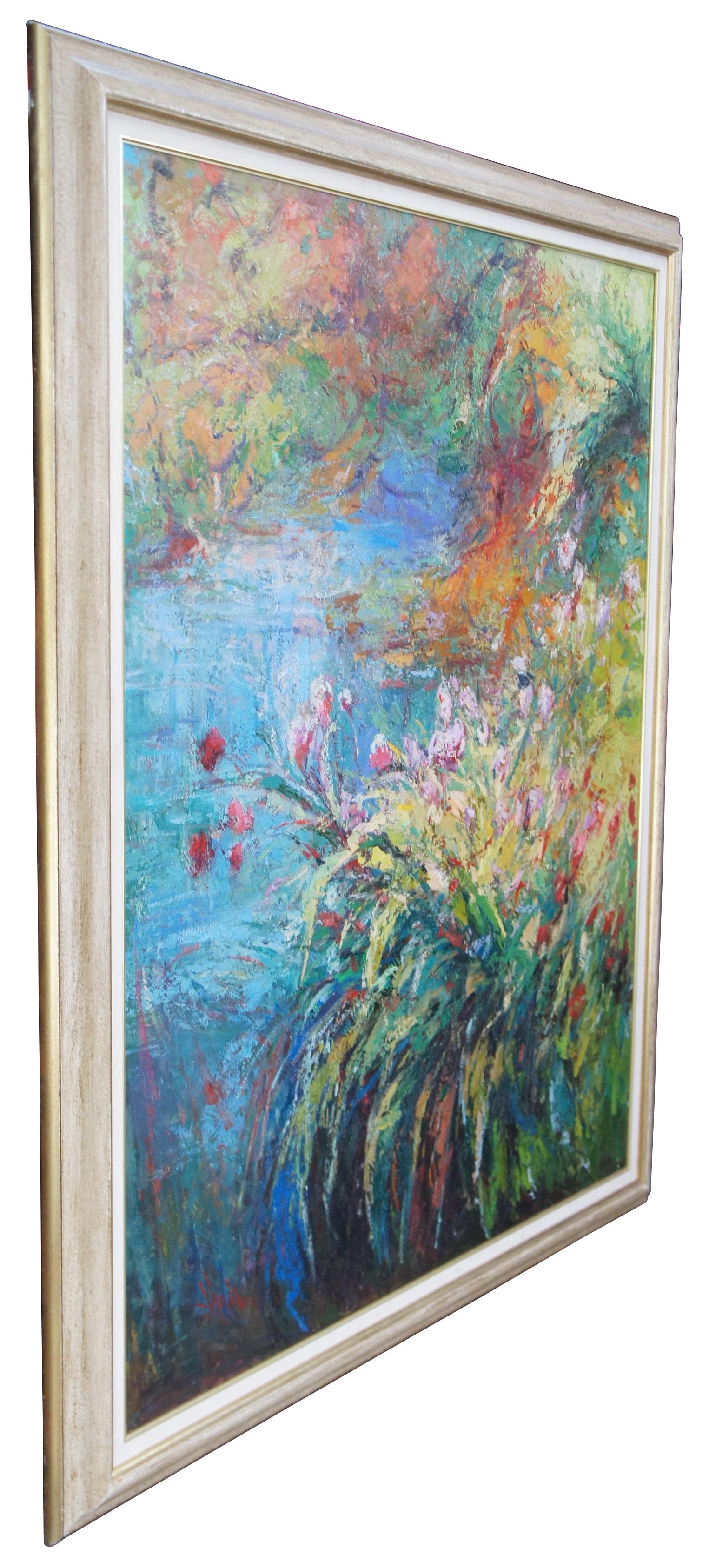 Modernist Abstract Floral Landscape Painting Signed Oil Canvas Impressionism In Good Condition In Dayton, OH