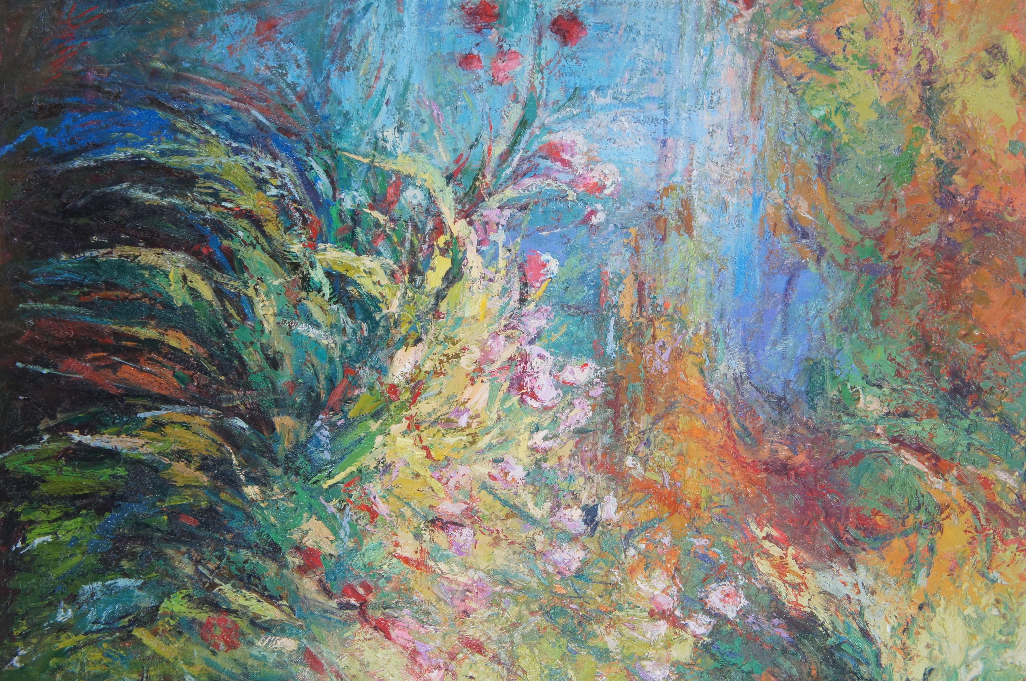 20th Century Modernist Abstract Floral Landscape Painting Signed Oil Canvas Impressionism