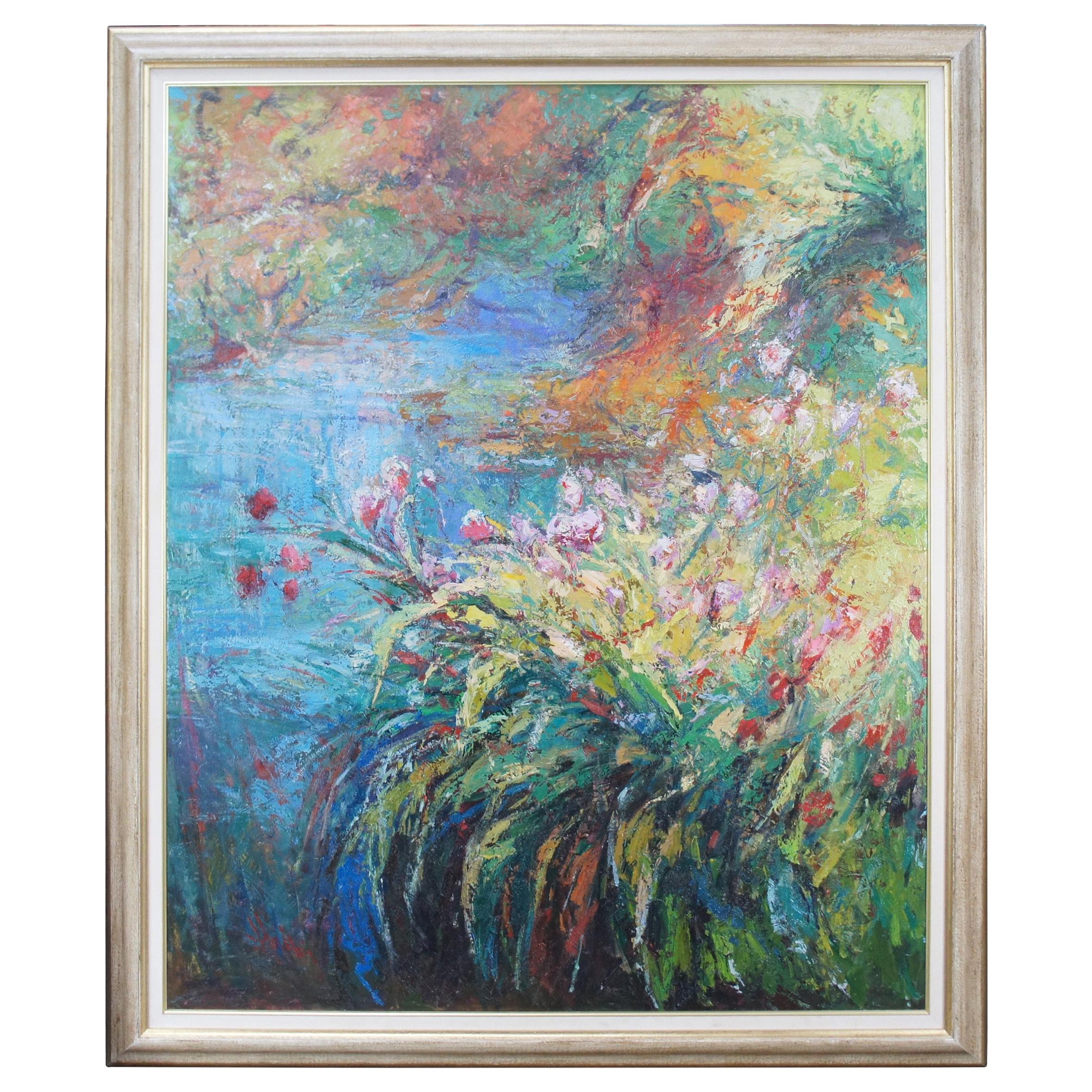 Modernist Abstract Floral Landscape Painting Signed Oil Canvas Impressionism