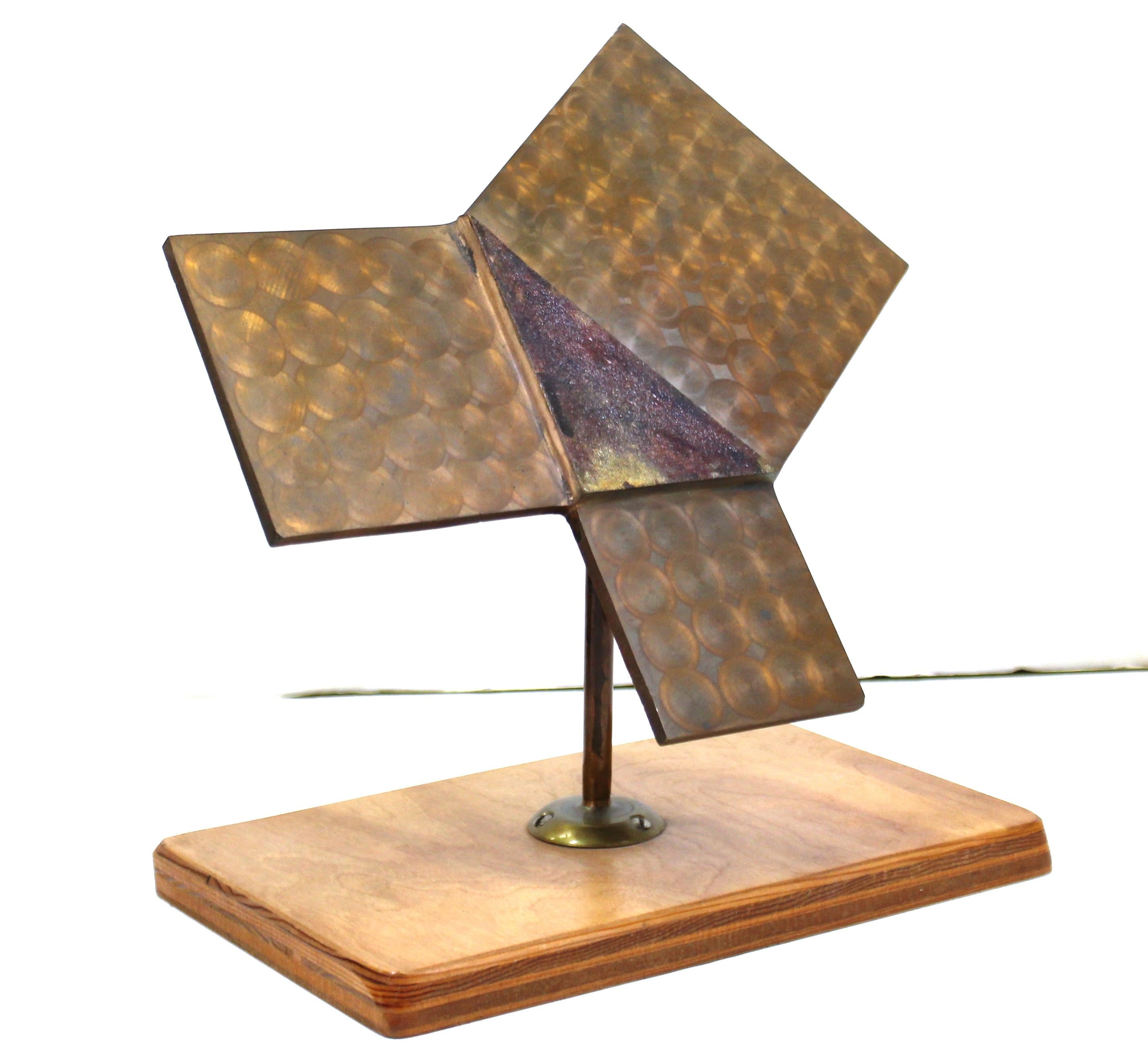 Modernist abstract welded metal sculpture of a geometric triangle, mounted on a wooden base. The piece has a label on the bottom form the art collection of 'Sigmund P. Morgen' and is in great vintage condition with age-appropriate wear and use.