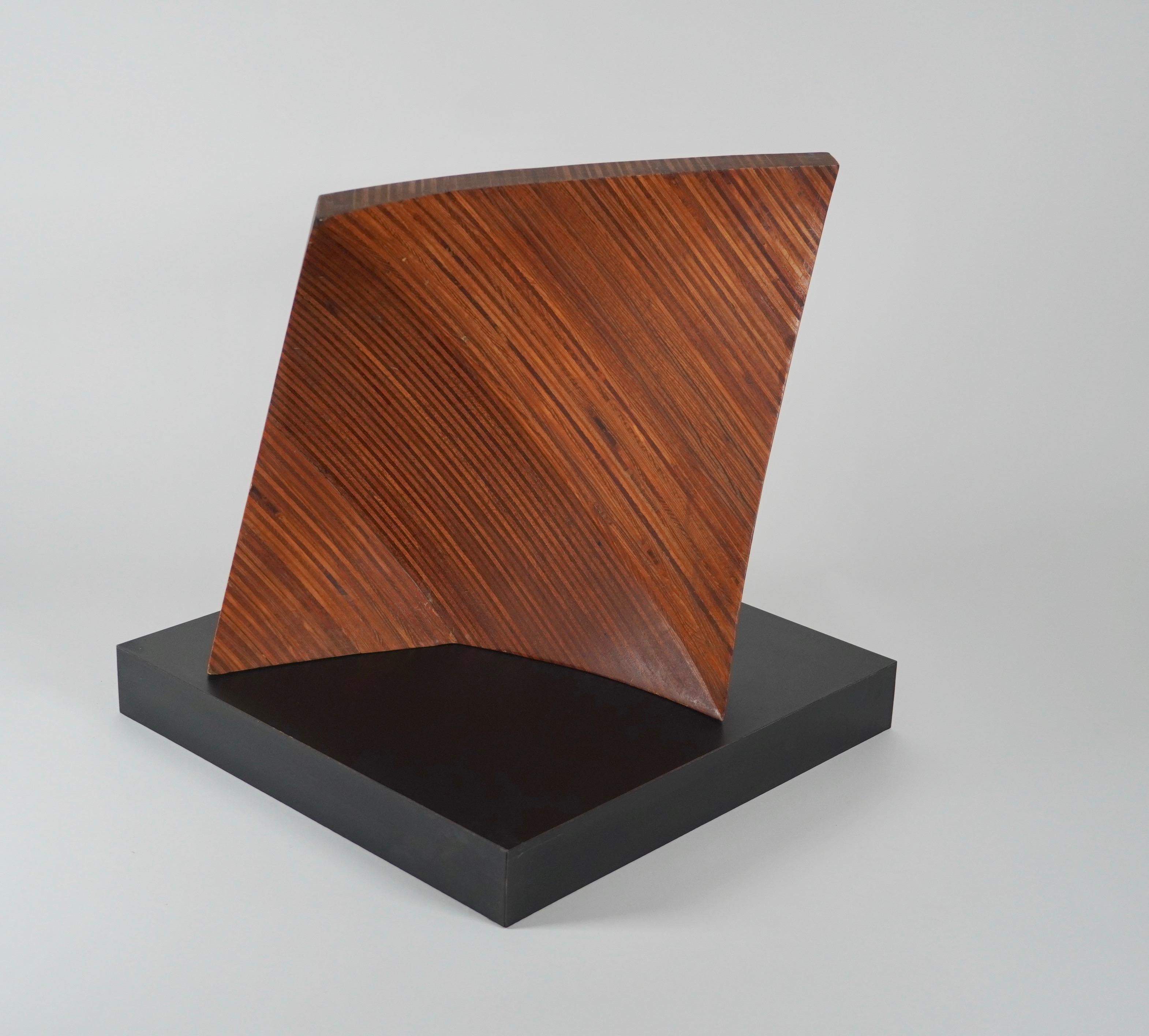 Free form wooden sculpture circa 1970s created out of various solid hardwood laminations and then hand formed into a slight twist with a cascade. Mounted on a square mat black laminate base. Rich hues to the woods having a gotten a golden patina