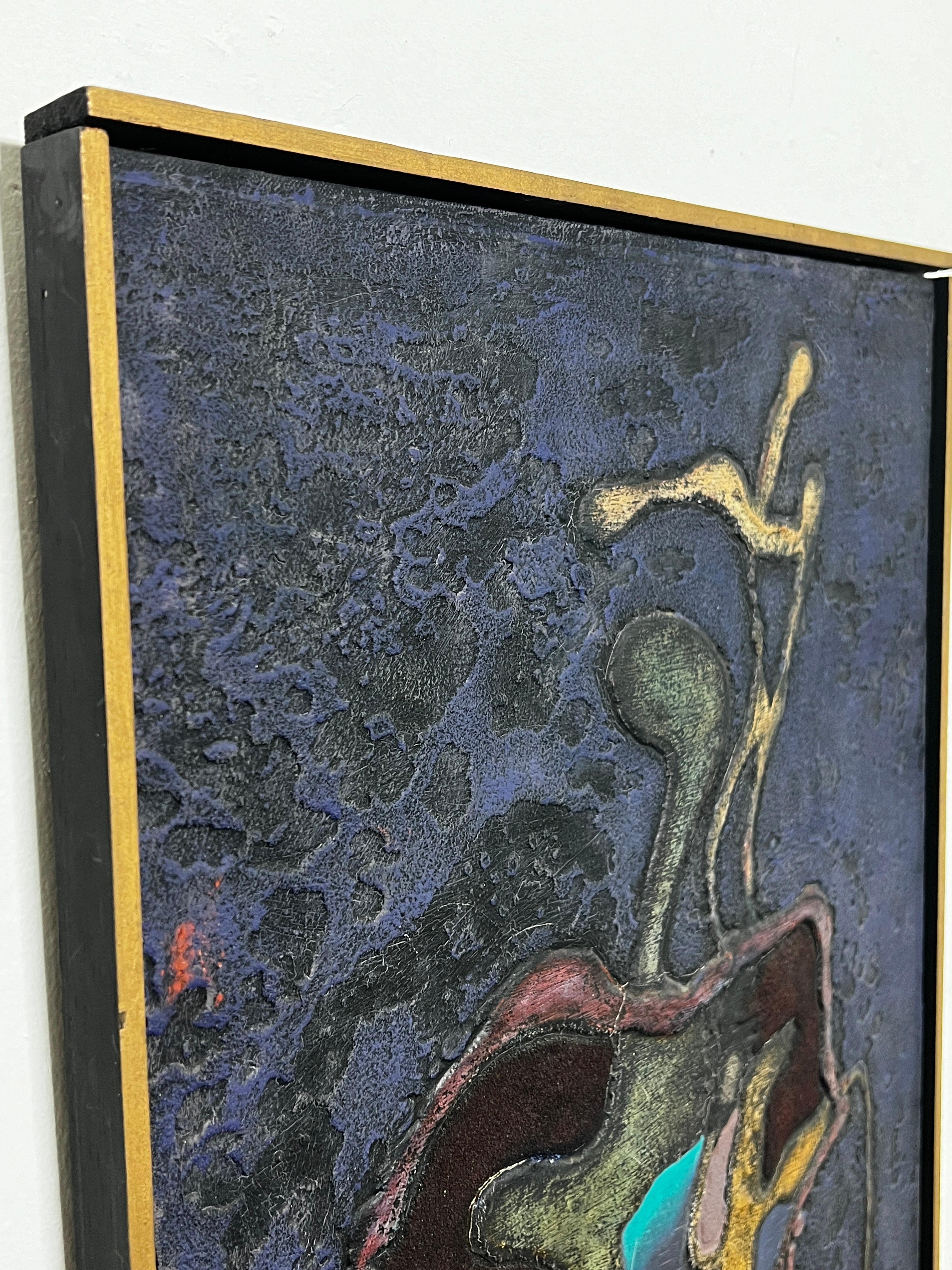 Un olio su tela con tonalità Jewell e texture degli anni '60, firmato A.L. Schultz