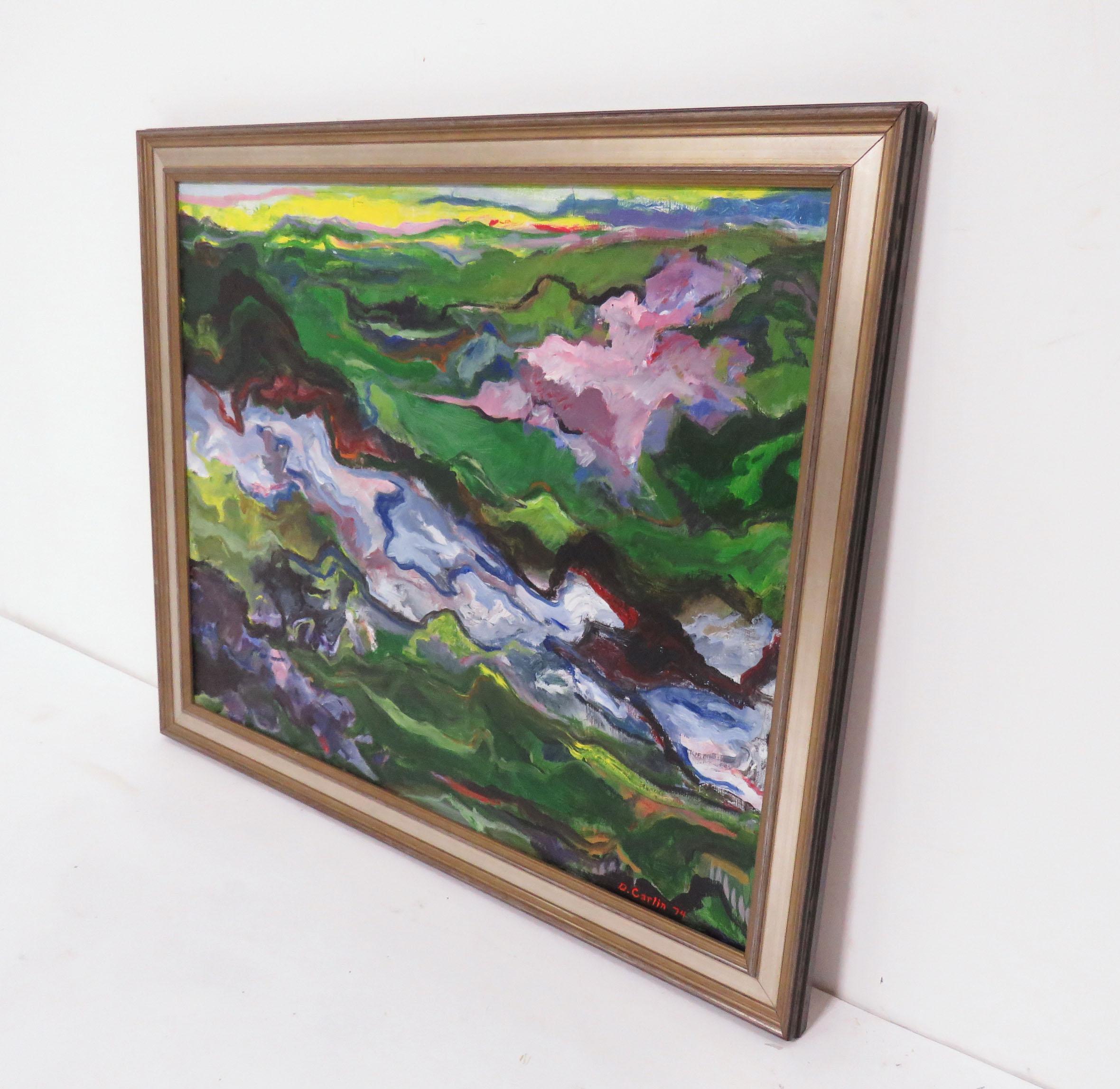 Modernist abstract landscape in the Fauvist manner, signed D. Carlin, dated 1974. Measures, as framed, measures: 33.75” x 27.5”.