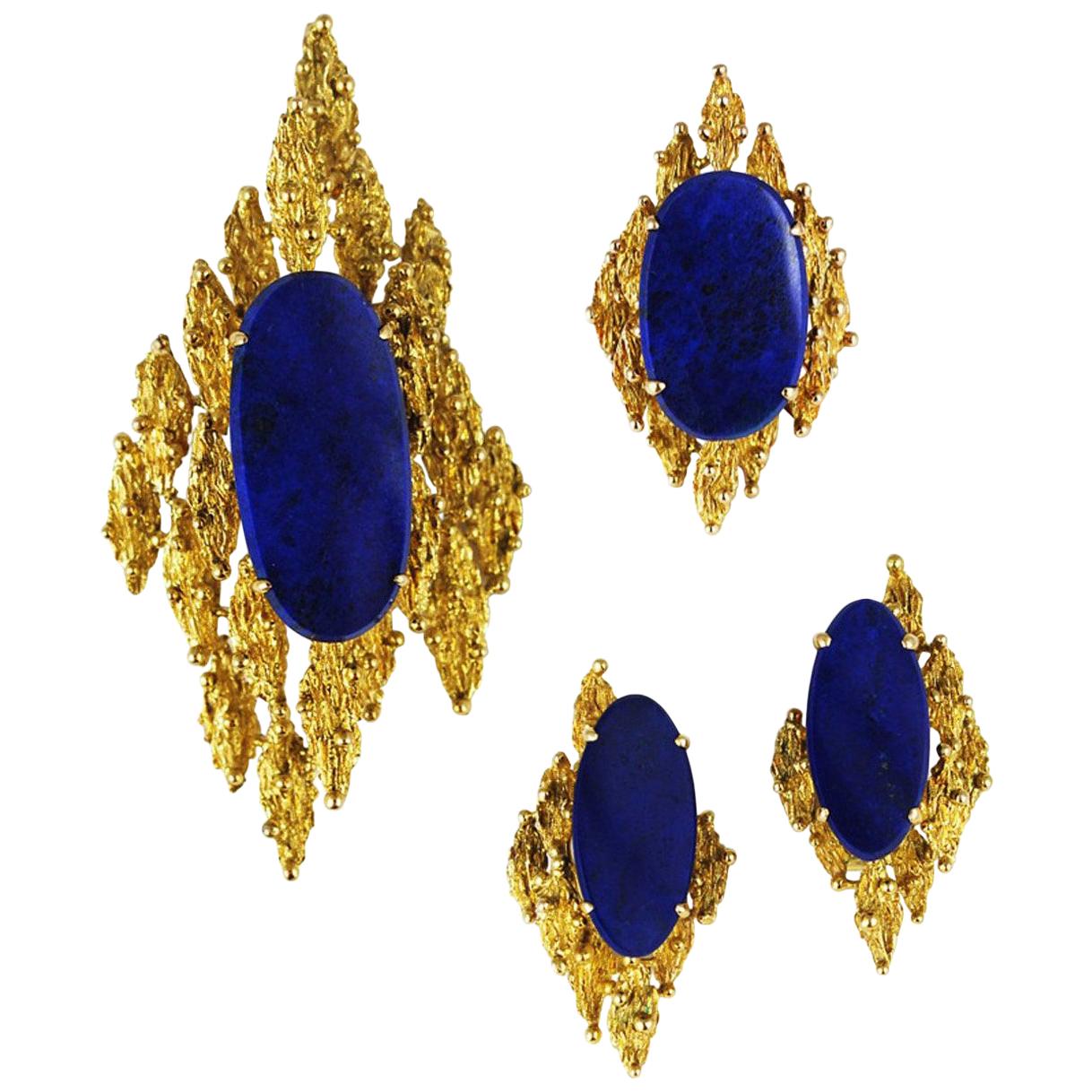 Modernist Abstract Lapis Ring Pendant Earrings Set, 14 Karat Gold, circa 1970 For Sale