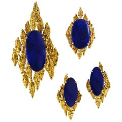 Conjunto modernista abstracto de pendientes colgantes con anillo de lapislázuli, oro de 14 quilates, hacia 1970