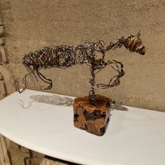 Modernist Abstract Metal Art Colored Wire Horse Sculpture on Exotic Wood Base