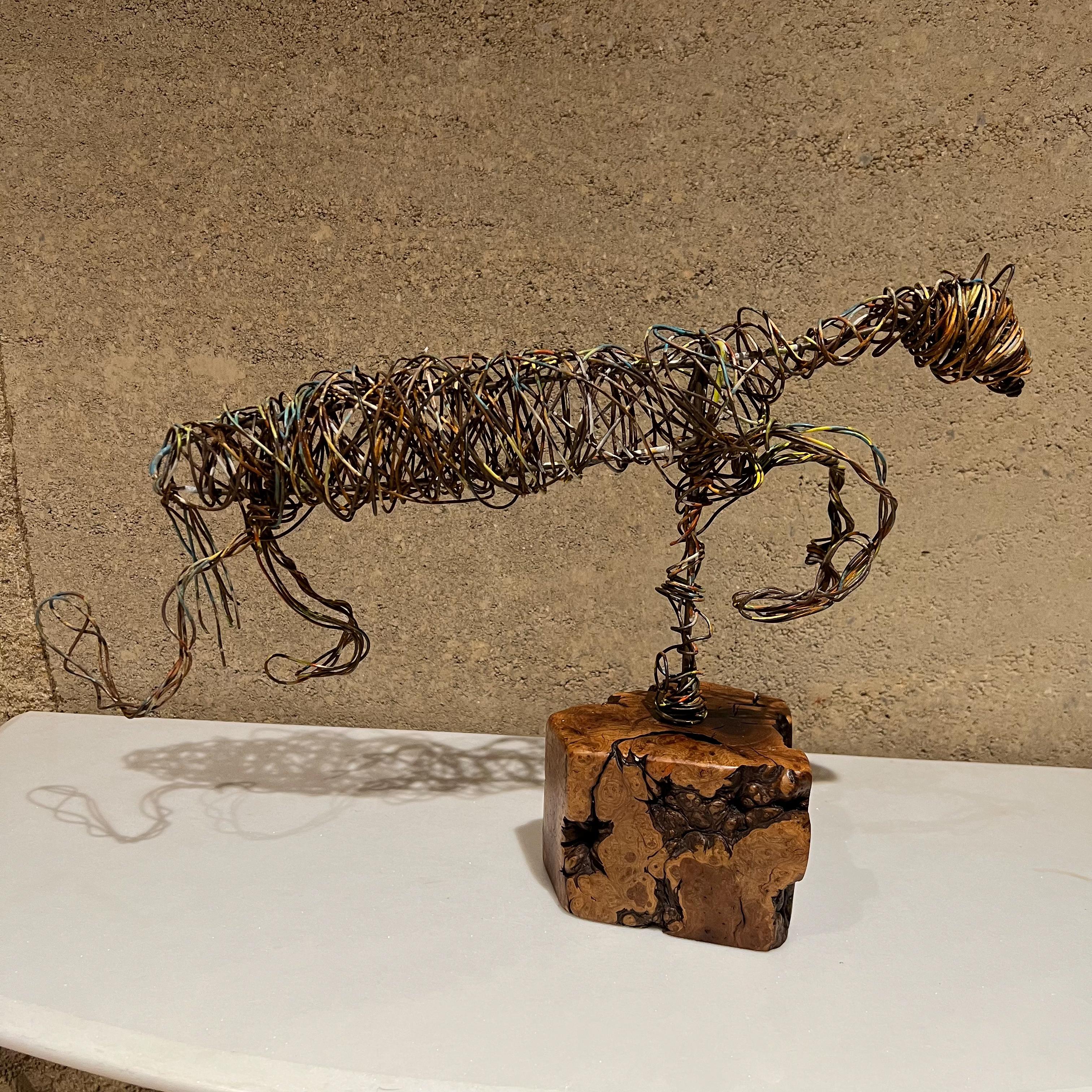 American Modernist Abstract Metal Art Colored Wire Horse Sculpture on Exotic Wood Base For Sale