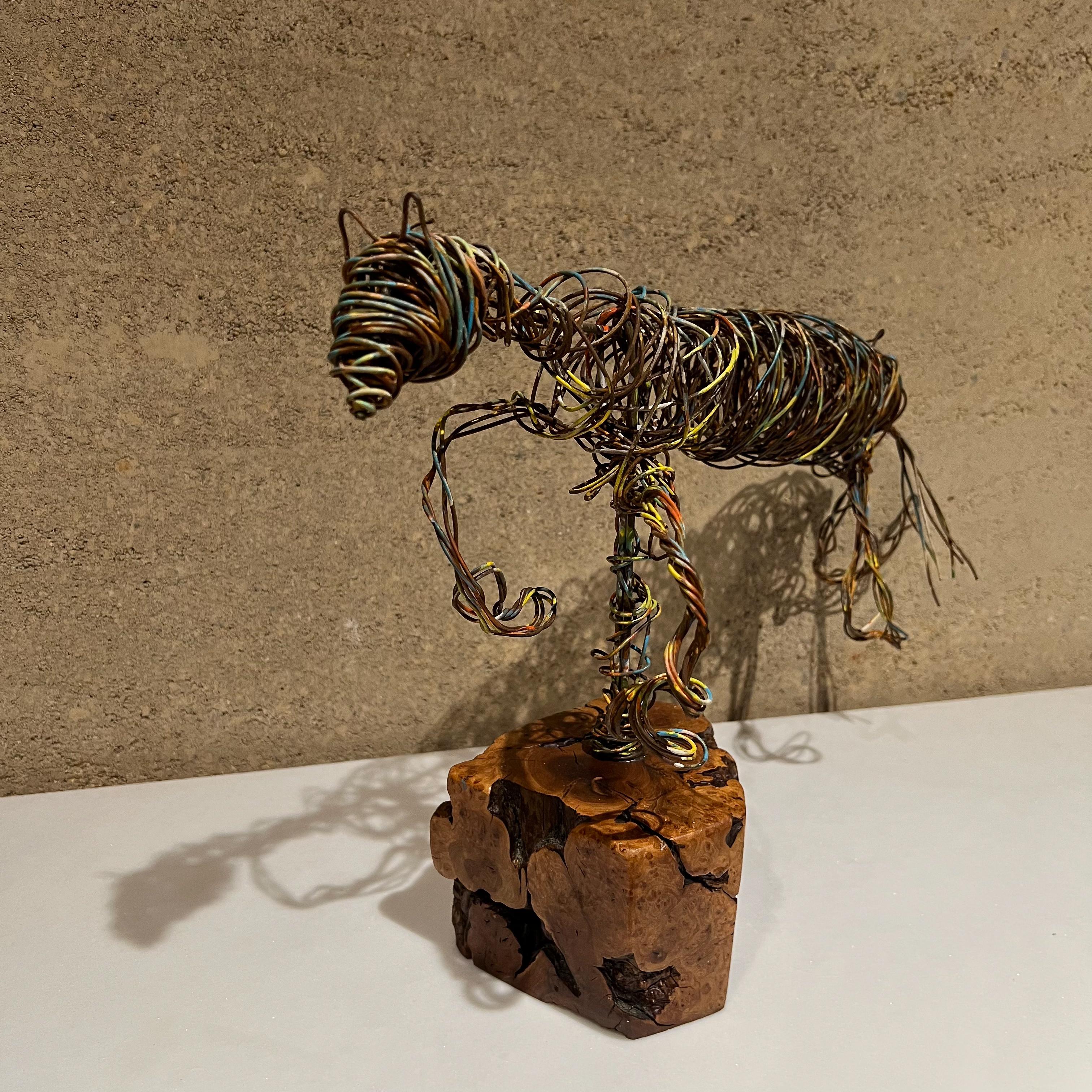 Contemporary Modernist Abstract Metal Art Colored Wire Horse Sculpture on Exotic Wood Base For Sale