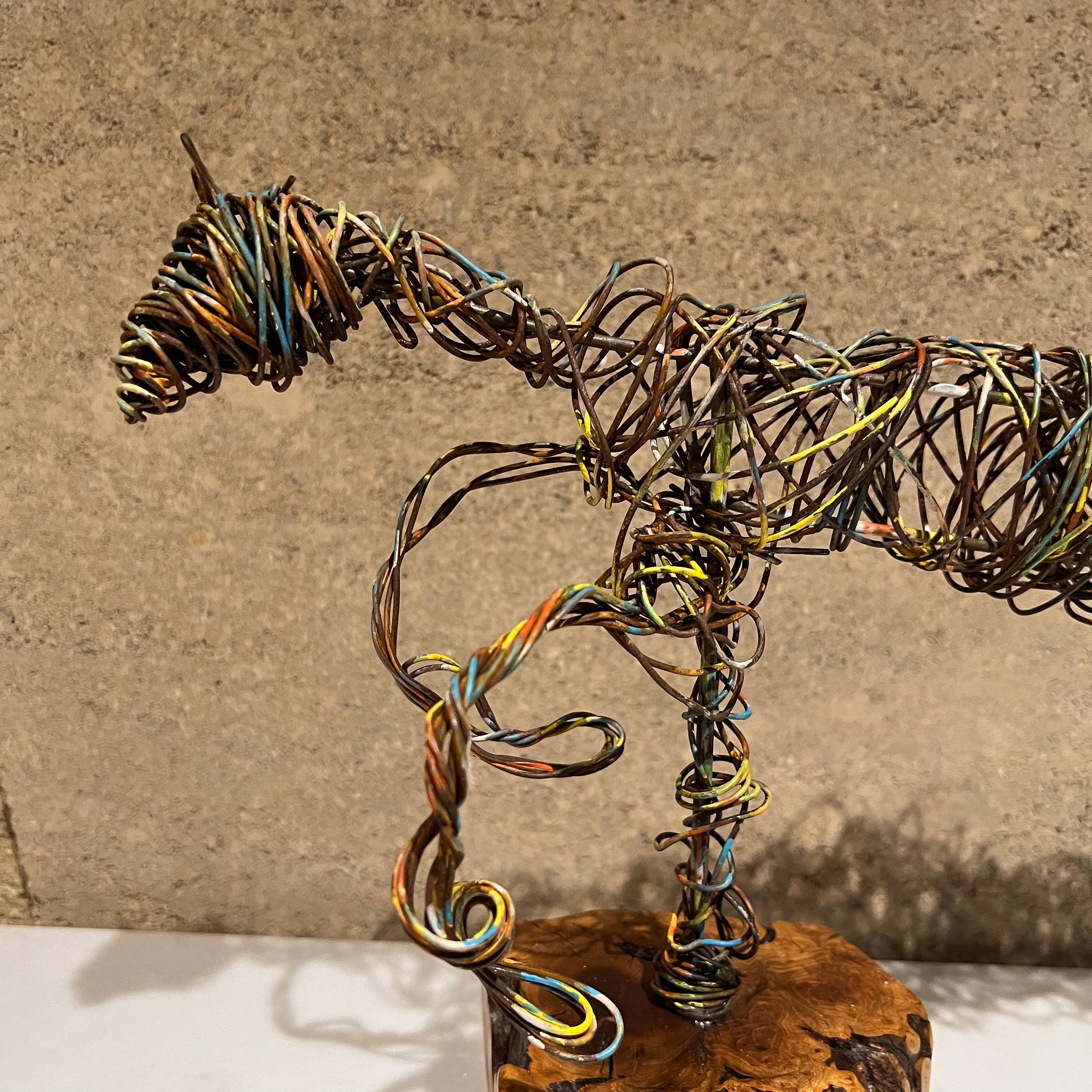 Modernist Abstract Metal Art Colored Wire Horse Sculpture on Exotic Wood Base For Sale 4