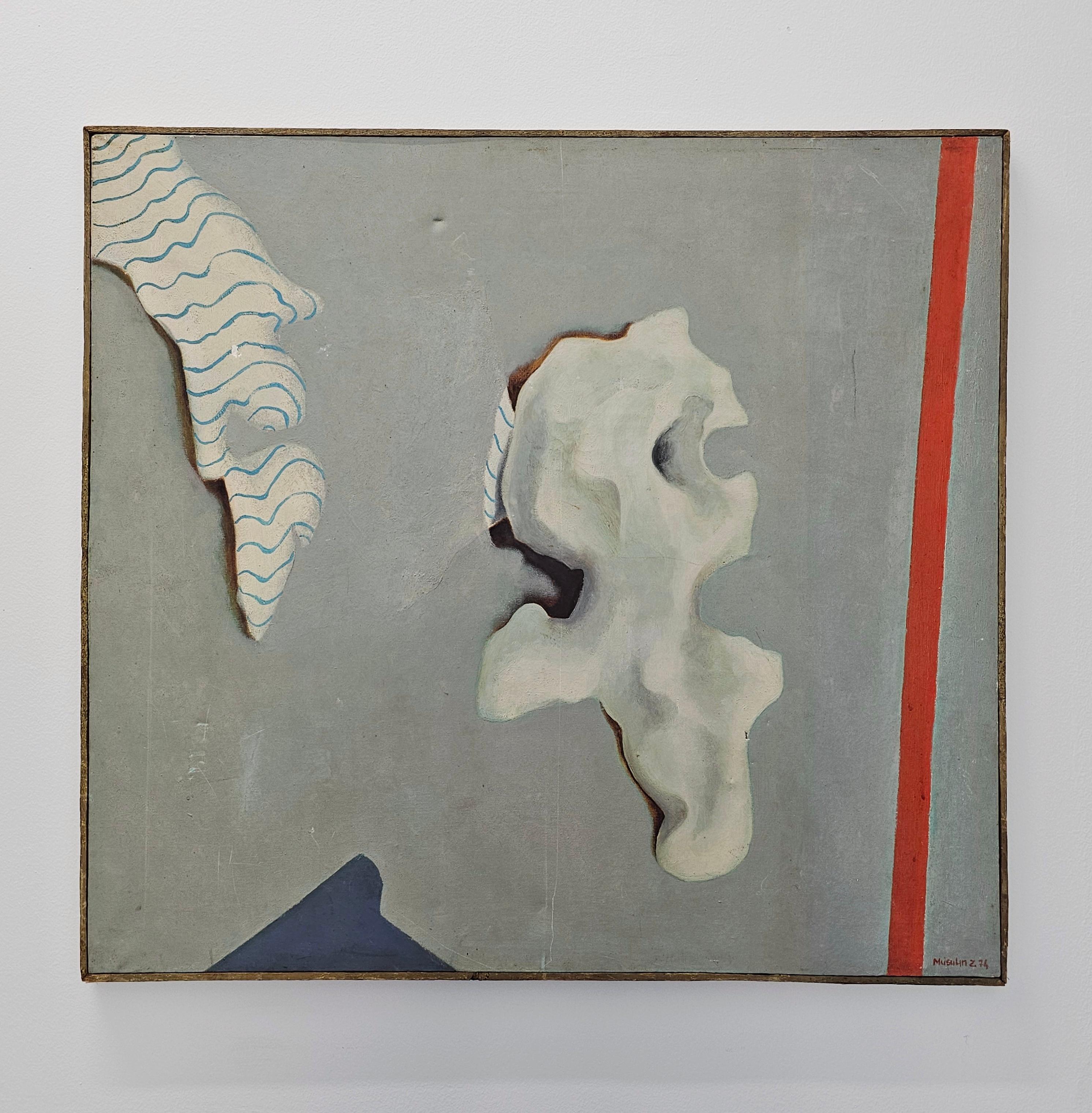 In this listing you will find a striking Abstract oil on canvas painting done by Yugoslav artist Zvonko Musulin. It appears to depict a rock and a piece of fabric, done in style of Georgia O'Keeffe giving it strong Mid entury Modern vibe. Mad in