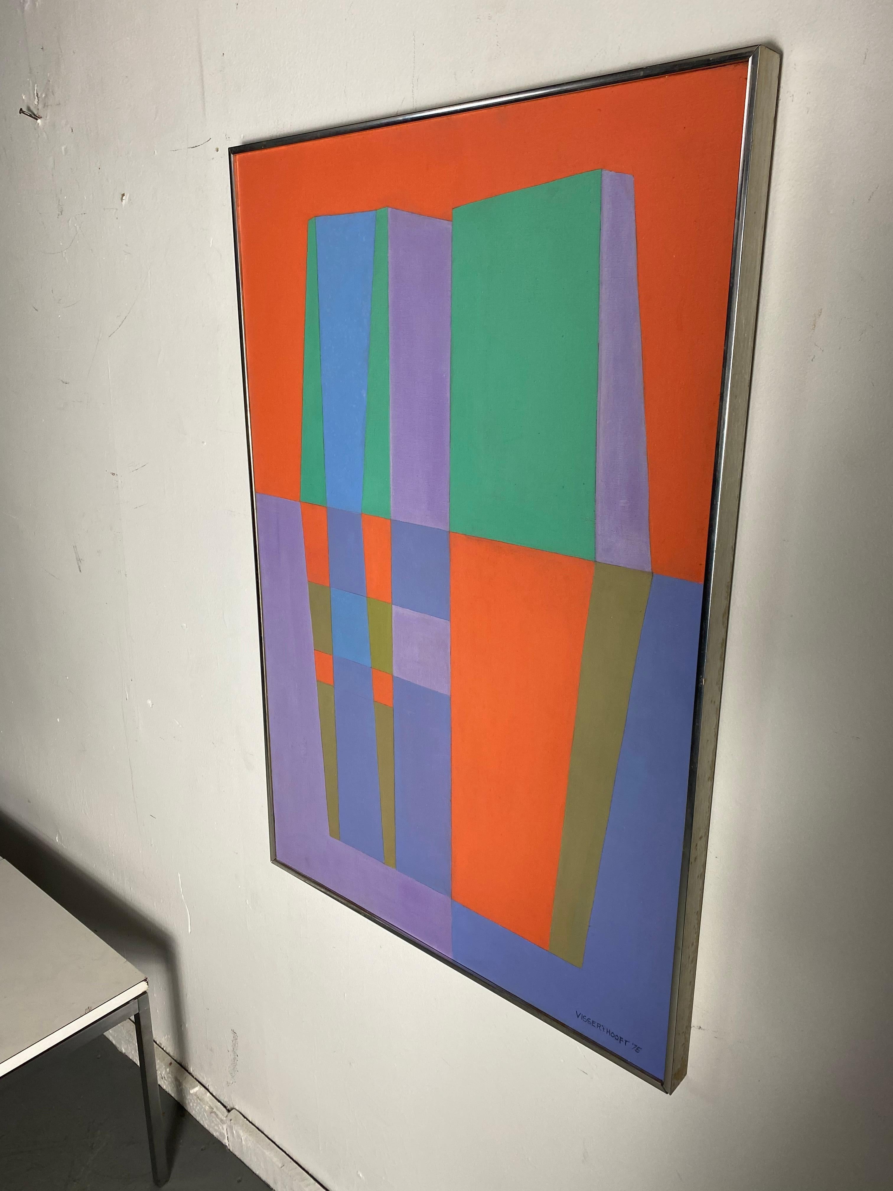Modernist Abstract Oil on Canvas original painting by Martha Visser 't Hooft,,, Titled House of Meditation (Windows) c. 1975...Signed and dated,,,, . Stunning Image ,, colors,,, 
 
Martha Hamlin Visser't Hooft was an artist and teacher whose