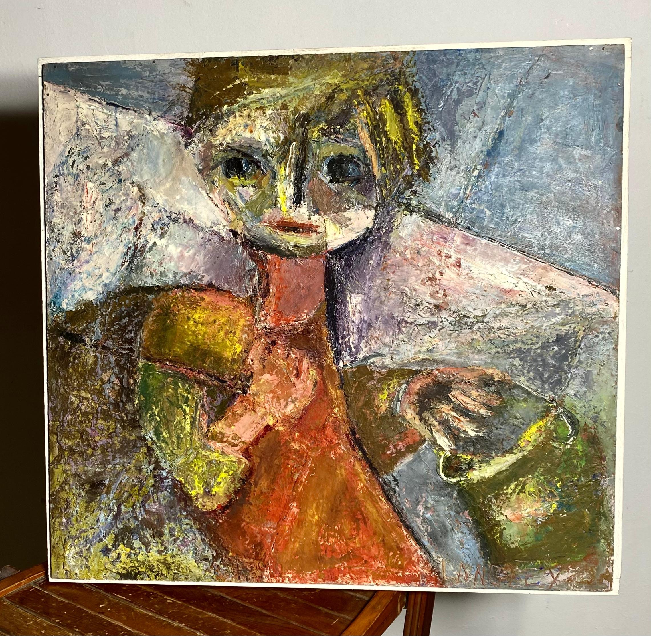 Modernist Abstract Oil Painting auf Board von WNY Künstler Kathrin Langley mit dem Titel Junge an der Buche...Gut ausgeführt,, große Verwendung von Farbe, Textur
. Katherine war für ihre abstrakten und religiösen Kunstwerke bekannt. Während ihrer
