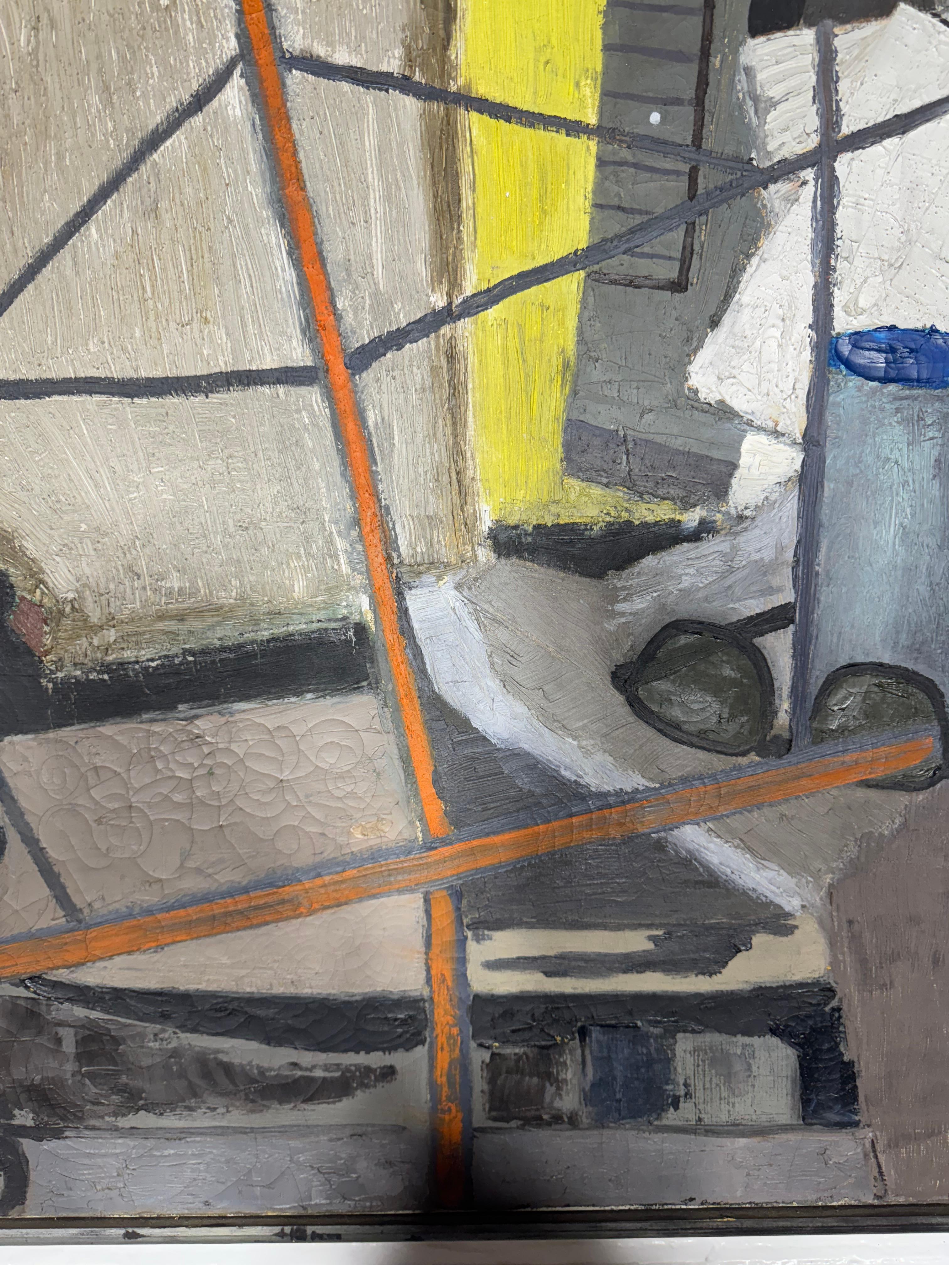 Mid-Century moderno Pittura ad olio astratta modernista su tela degli anni '40-'50, 
