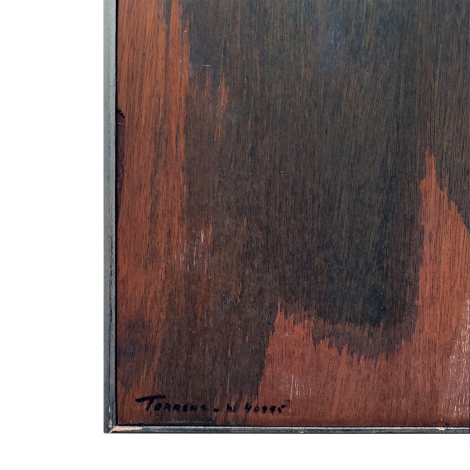 Portuguese Modernist Abstract Oil Painting with Wash Design on Wood by Eugeni Torrens For Sale