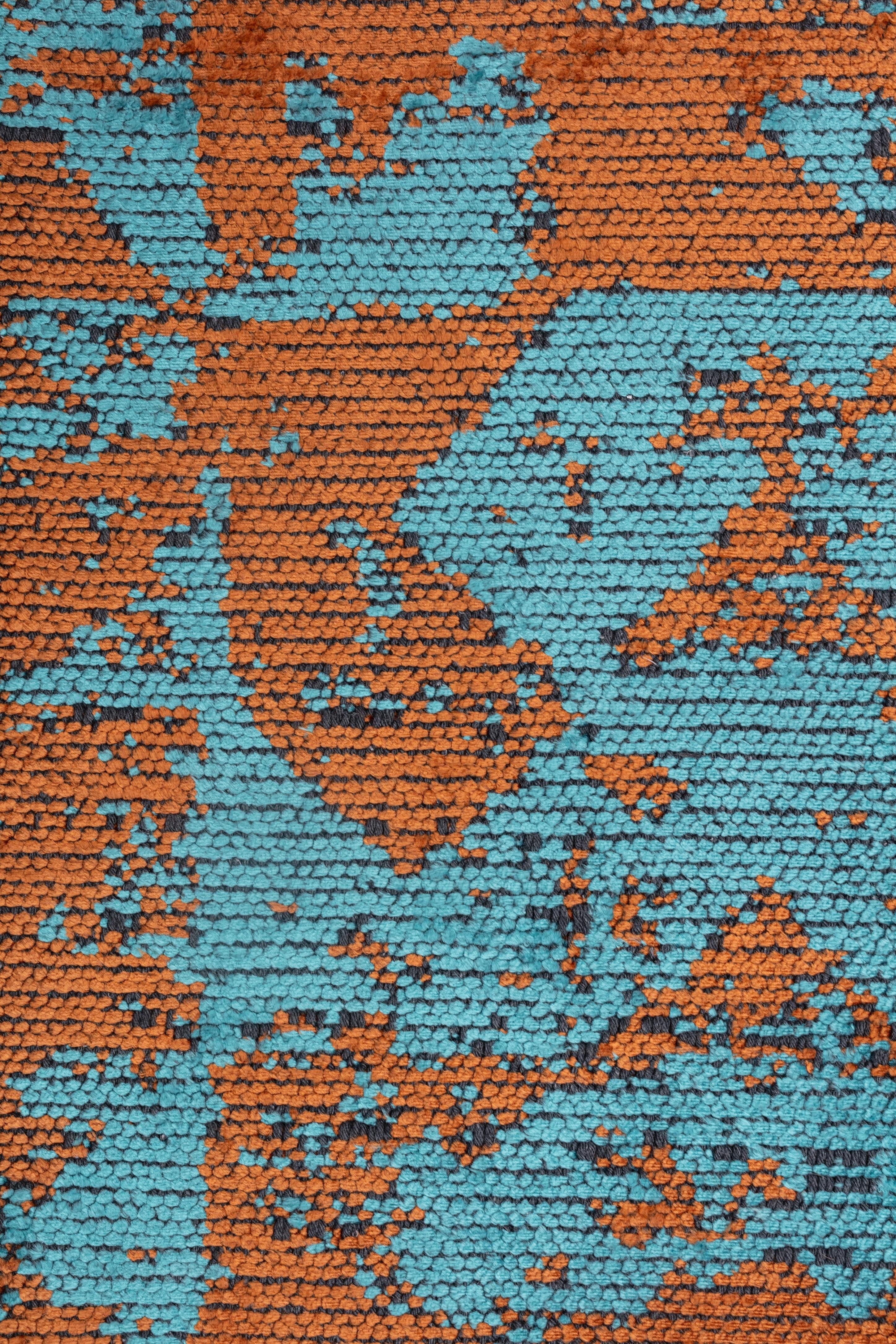 Machine-Made Modernist Abstract Orange Turquoise Abstract Rug Without Fringe For Sale