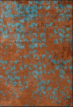 Modernist Abstract Orange Turquoise Abstract Rug Without Fringe