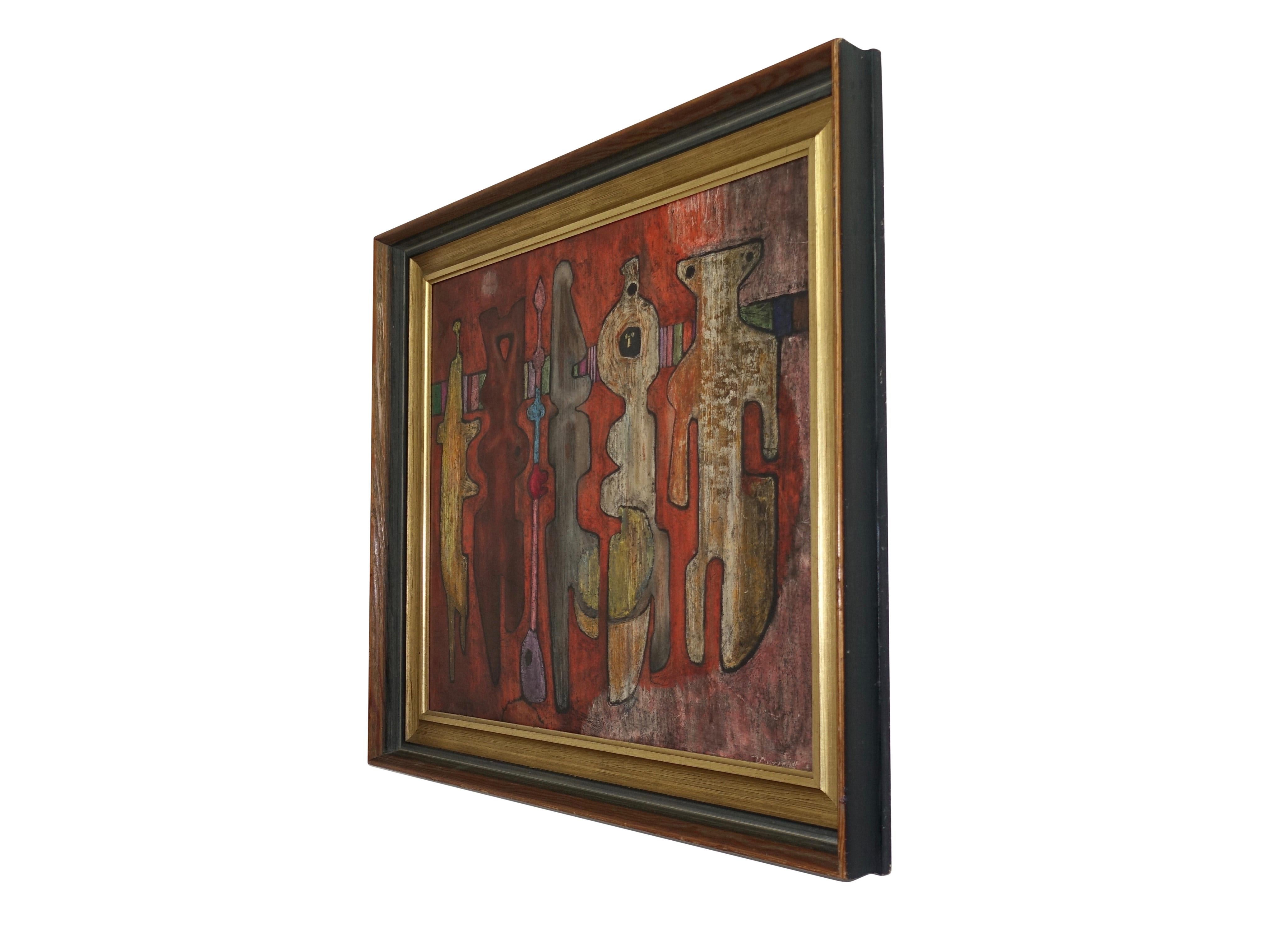Framed abstract painting of figures in various shapes, oil on panel. Signed indistinctly in the lower left, partly obscured by the frame, Oliver?. American, circa 1970s. 
Painting size without frame measures, Height-22 inches x Width-26 inches.