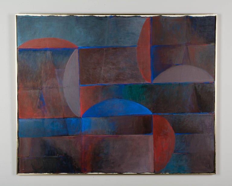 A large modernist abstract painting by Richard Roberts (American 1933-1985). Oil on canvas. Unsigned. Geometric composition with deep, rich color palate and touches of bright blue. In original goldtone metal frame. The frame doesn't fit properly,