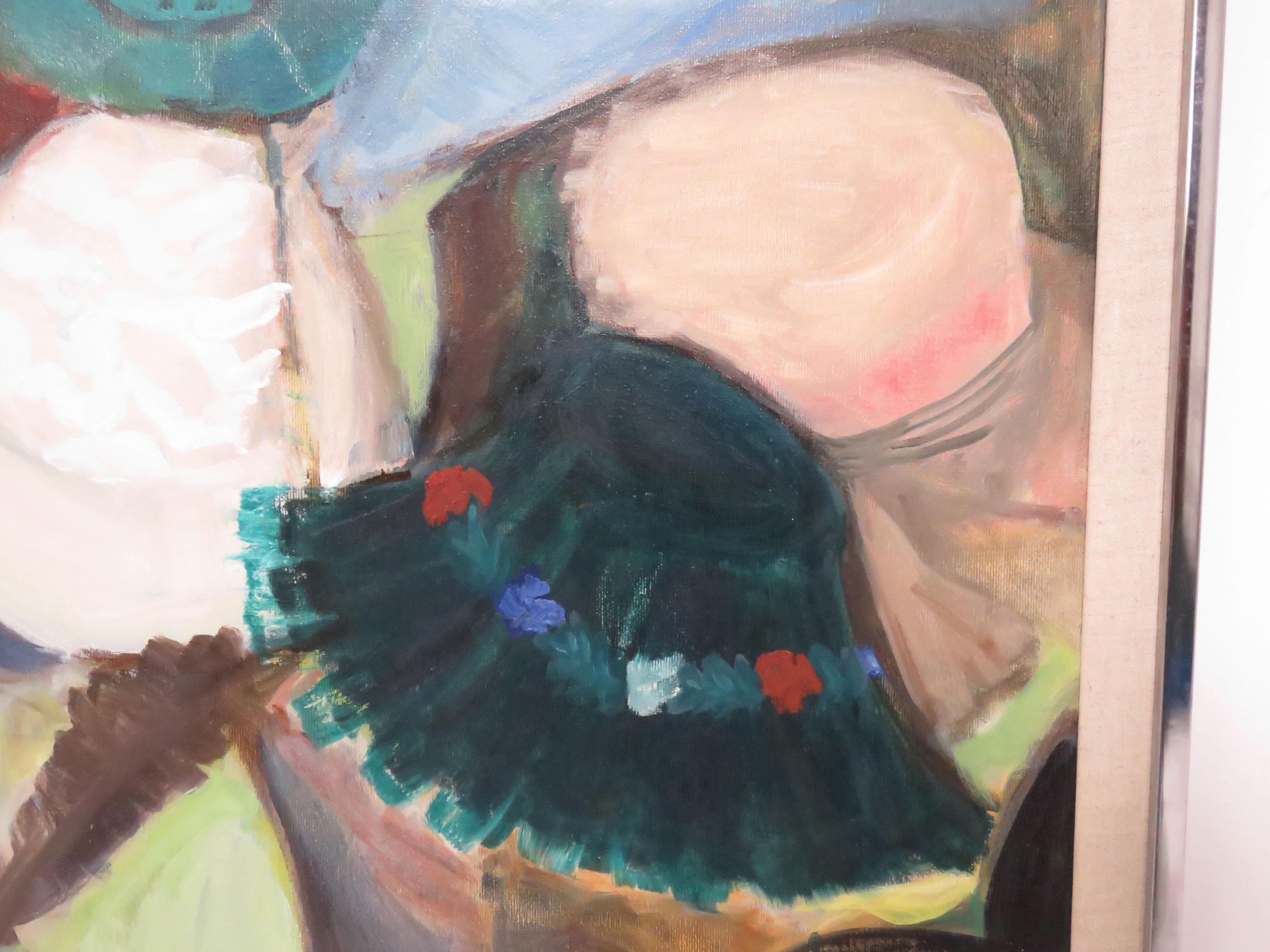 Modernist Abstract Painting of Women's Millinery, Signed Beverly Crook, D. 1970s In Good Condition For Sale In Peabody, MA