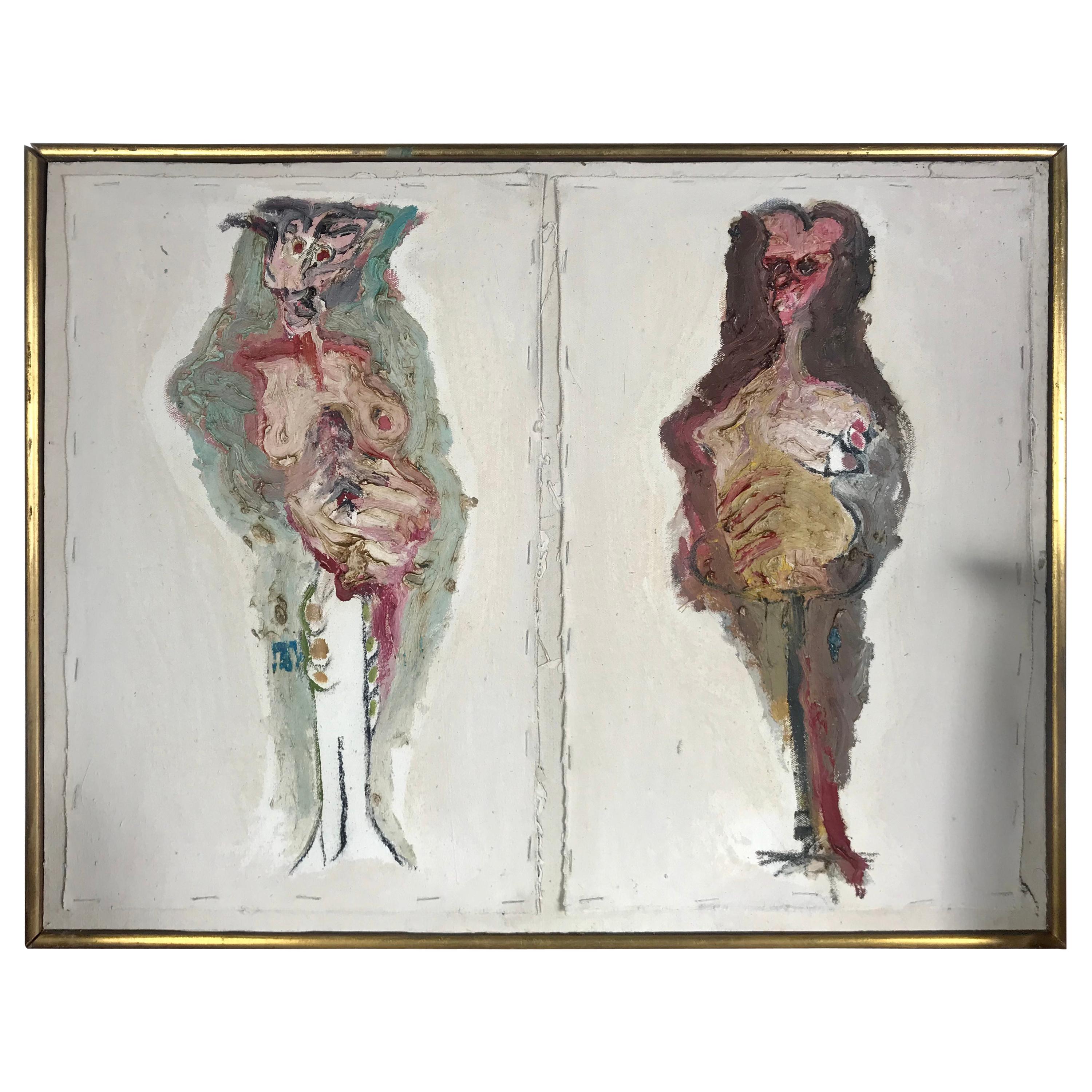 Modernist Abstract Painting "Two Friends" W N Y Artist Ben Perrone, 1965