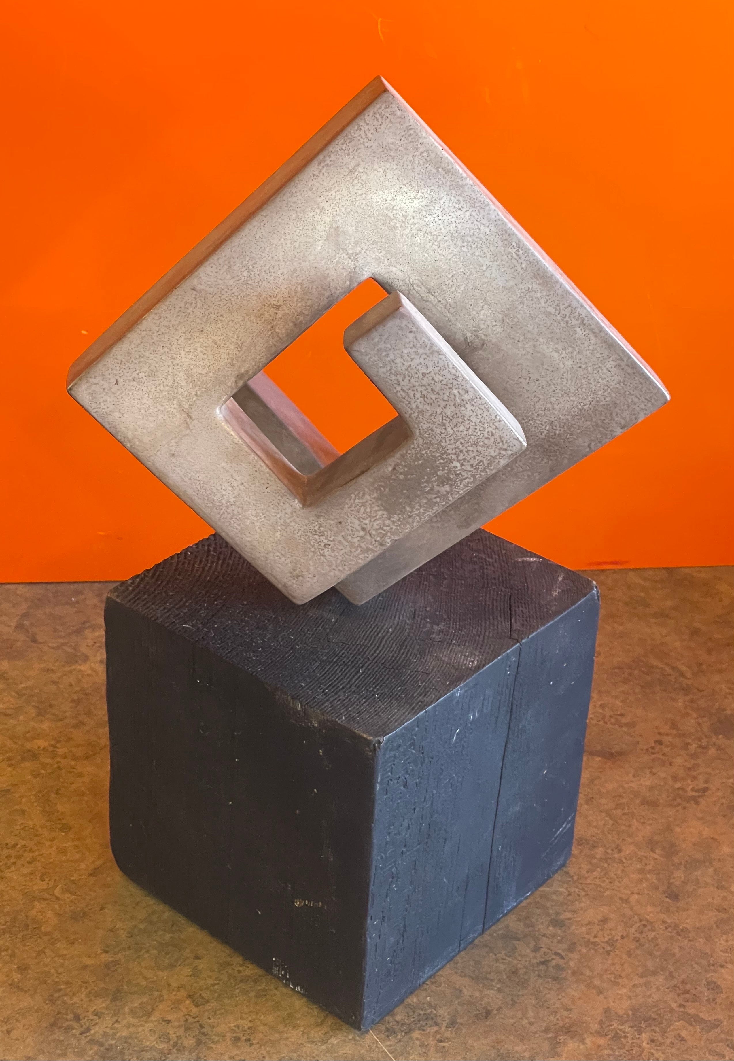 Aluminum Modernist Abstract Rotating Sculpture on Wood Base For Sale