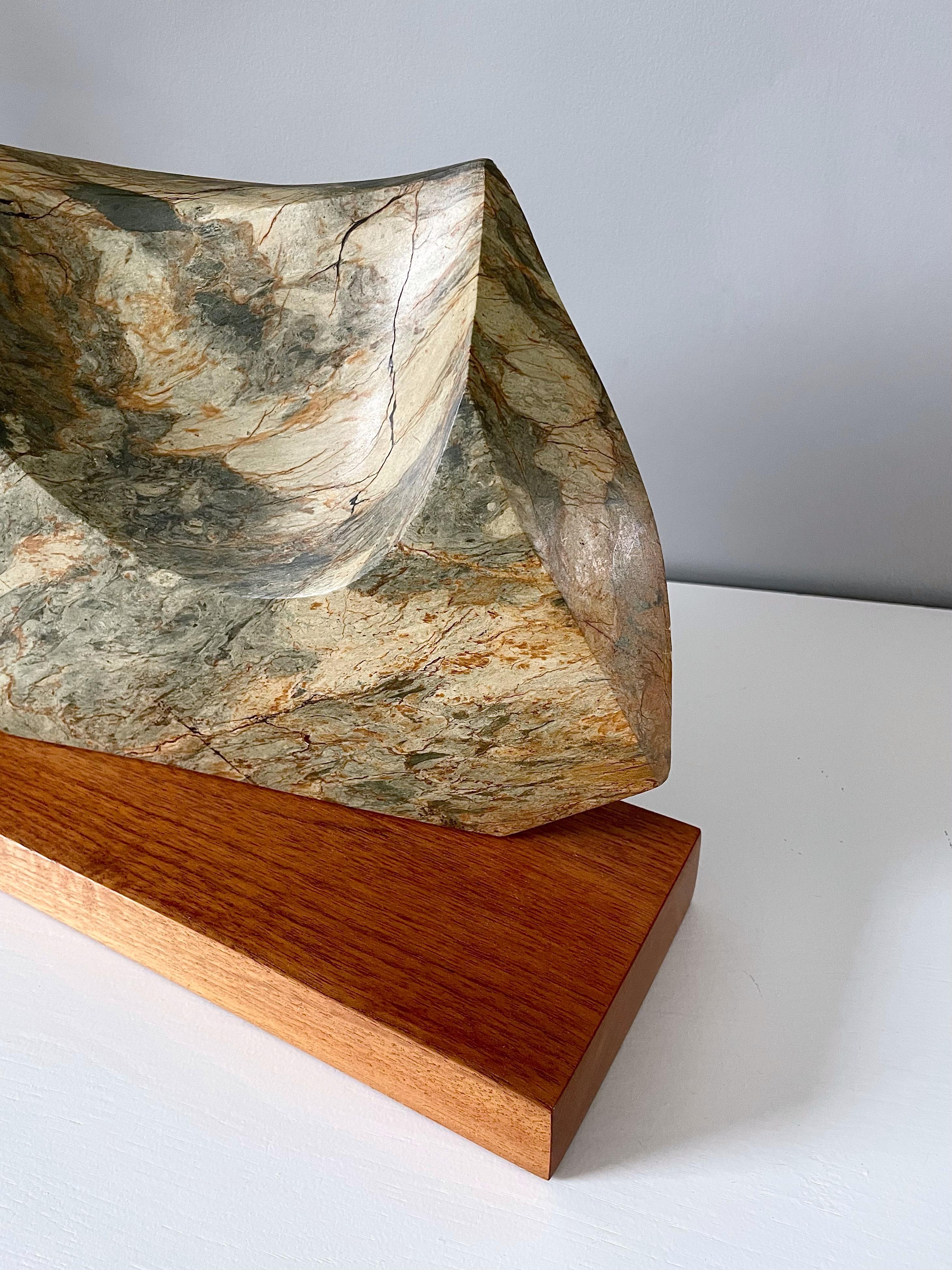 American Modernist Abstract Sculpture, Green Marble, Teak, 1970s For Sale