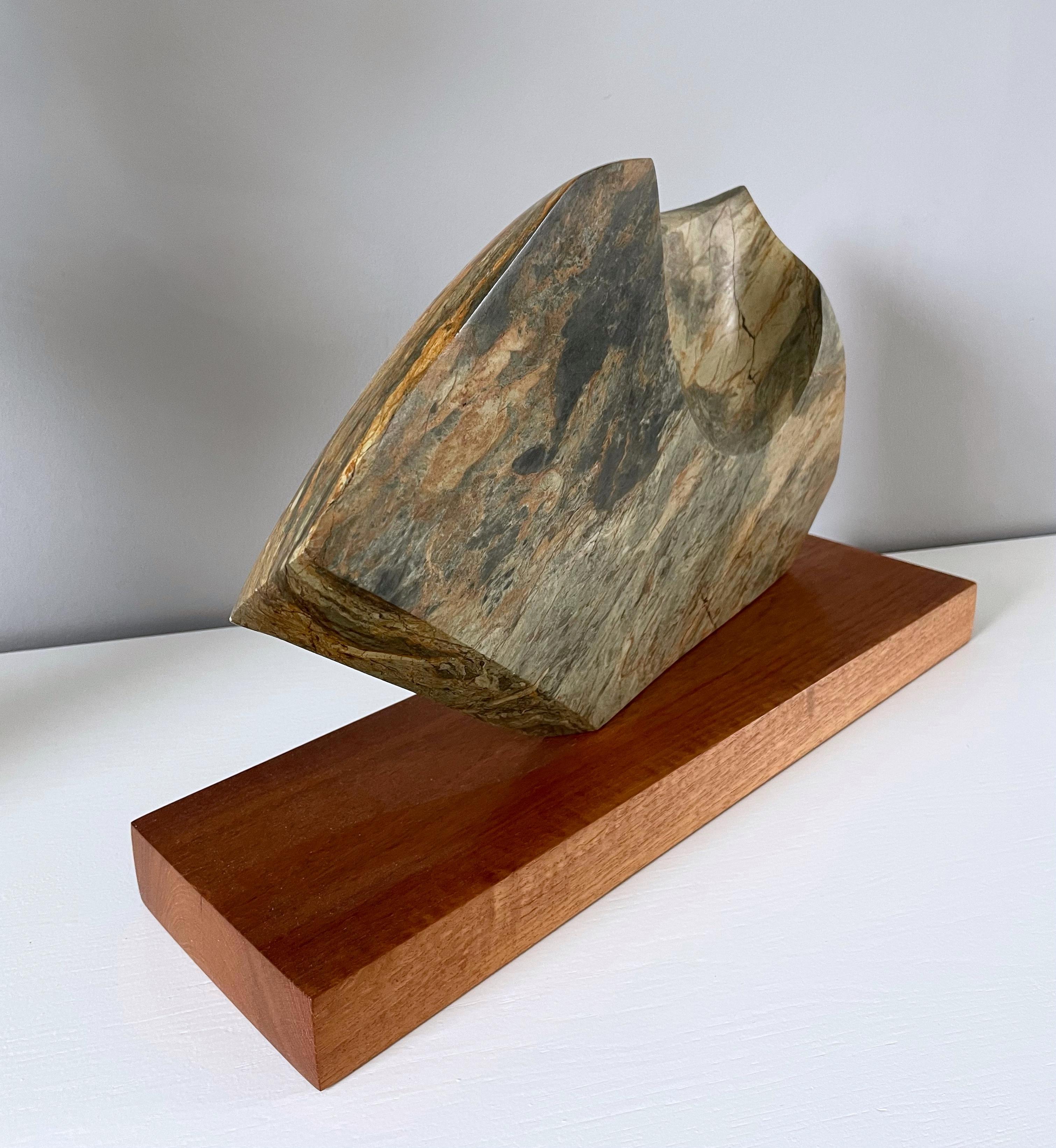 Hand-Crafted Modernist Abstract Sculpture, Green Marble, Teak, 1970s For Sale
