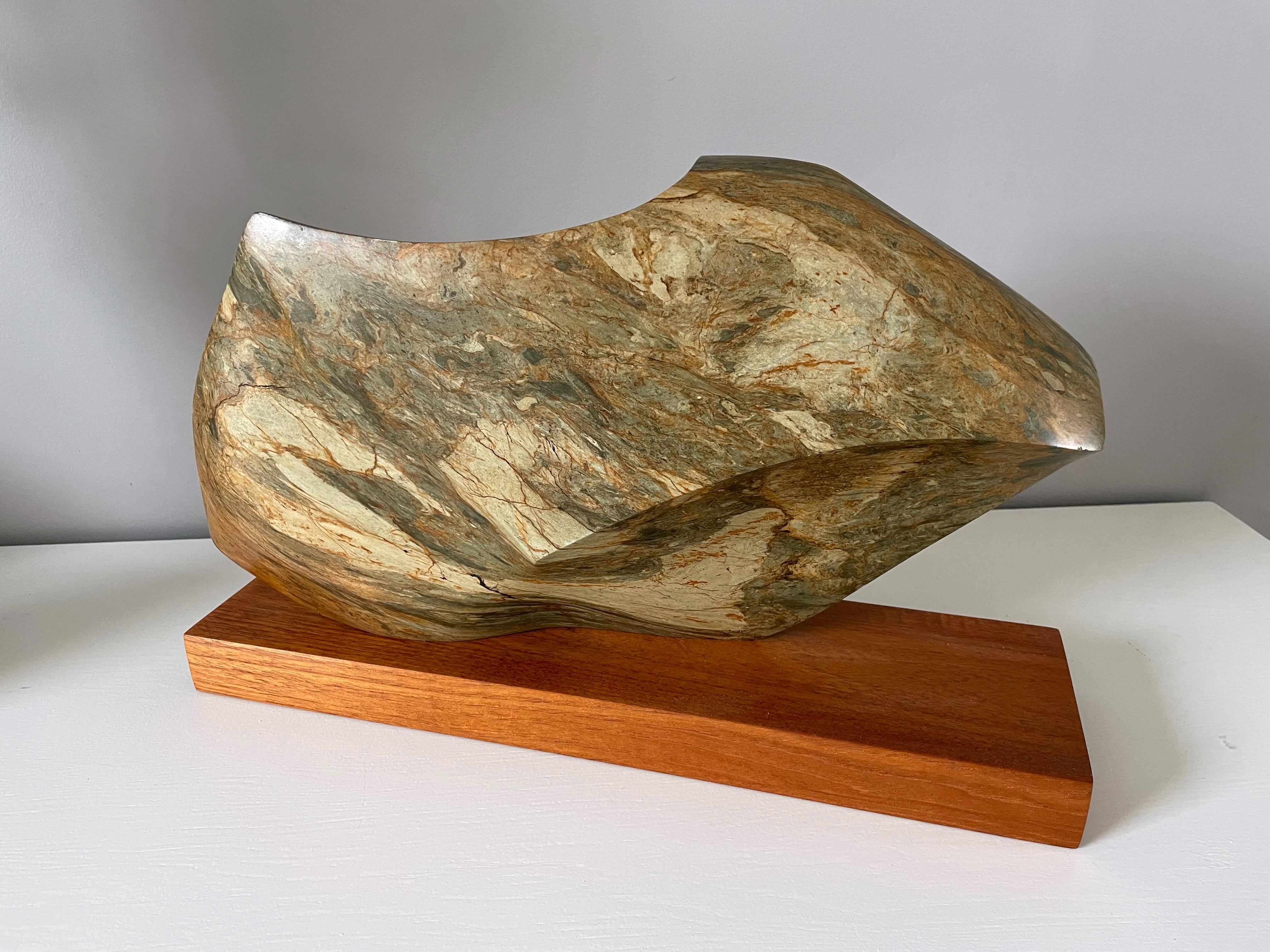 Late 20th Century Modernist Abstract Sculpture, Green Marble, Teak, 1970s For Sale