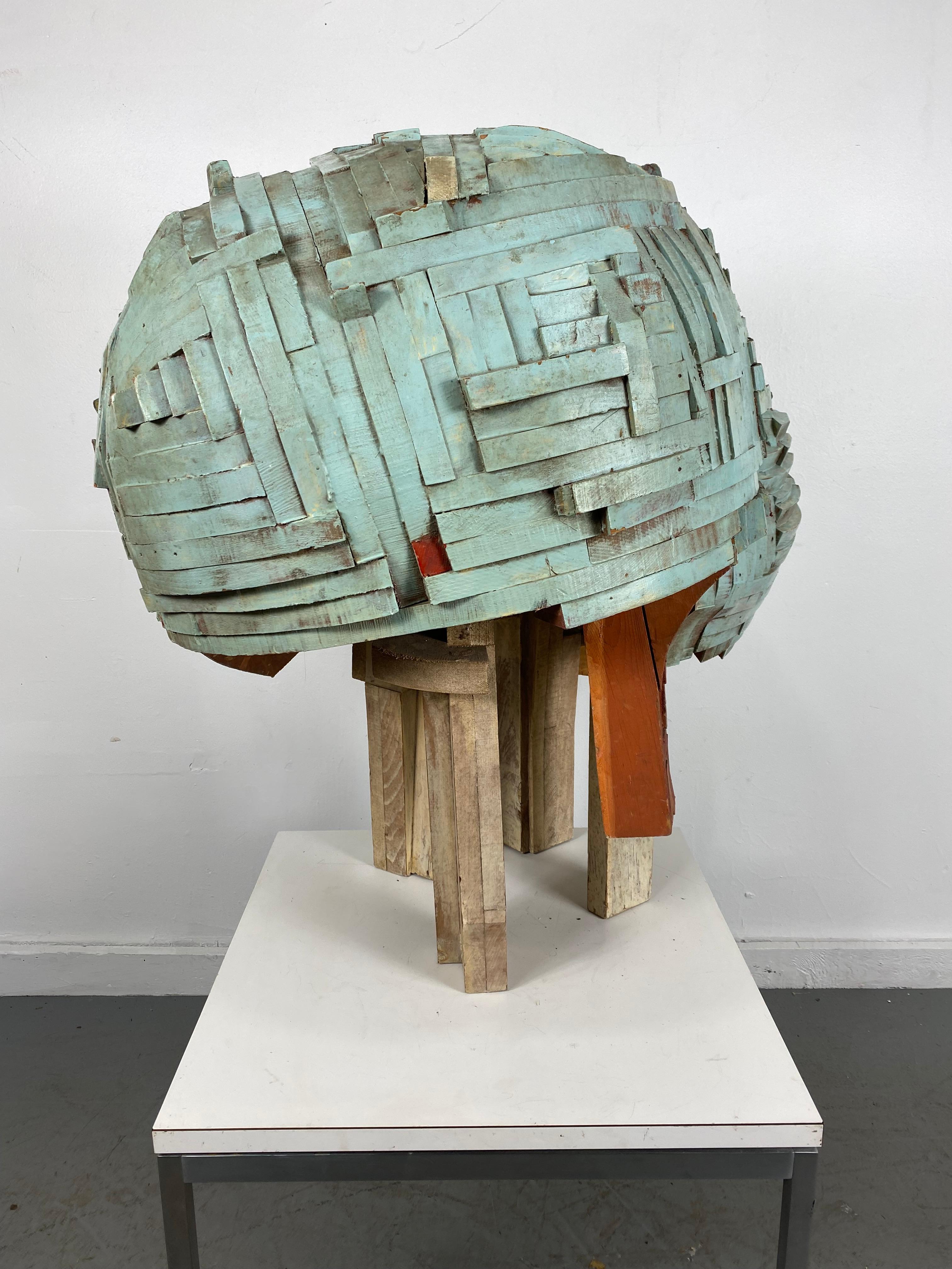 Hand-Crafted Modernist Abstract Stacked Wood and Painted Sculpture 