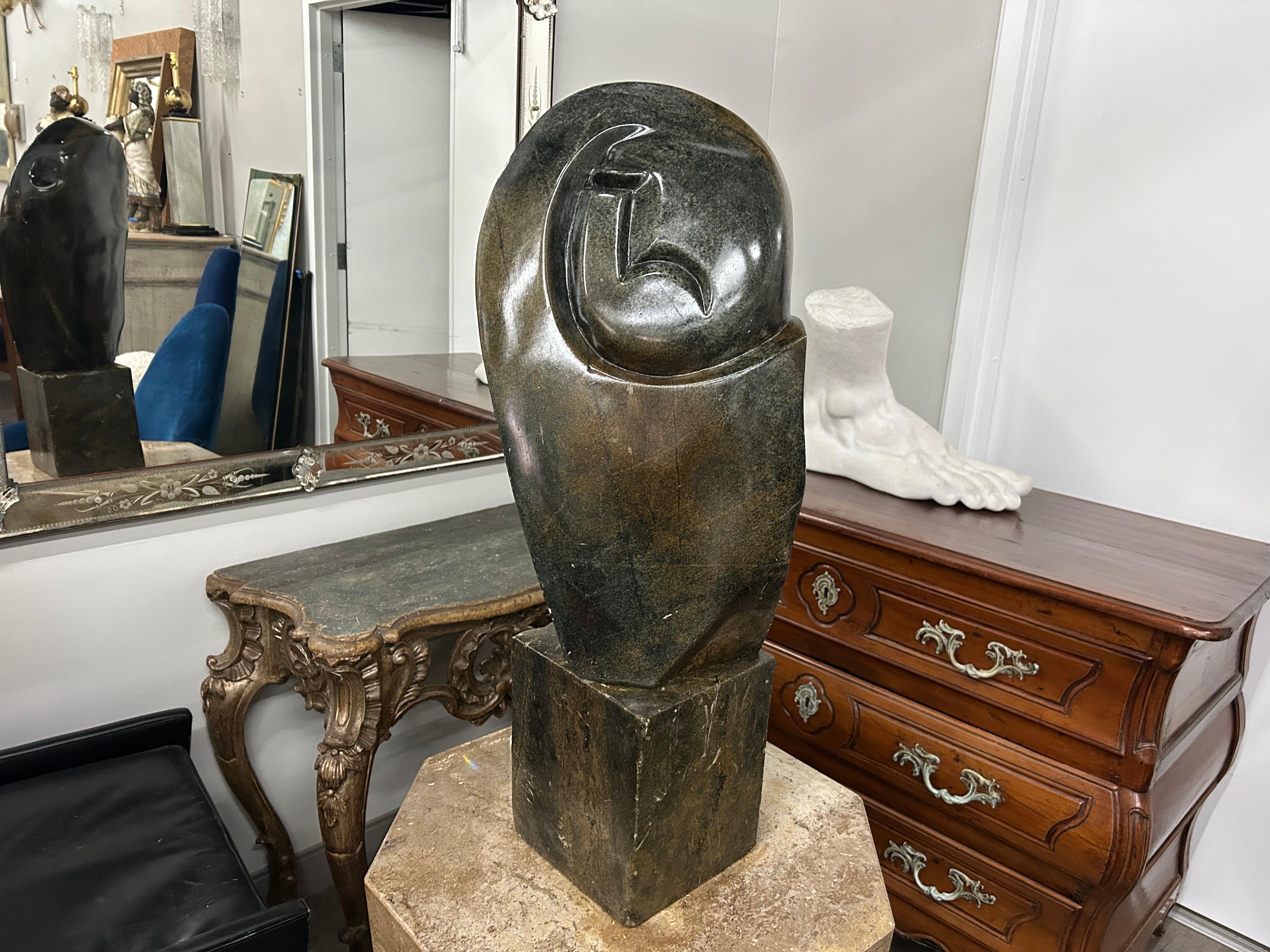 Modernist Abstract Stone Sculpture.
Offered is a stunning Modernist stone abstract sculpture that sits on an 8 inch by 8 inch plinth.
Perfect sculpture for display on your marble or travertine pedestal, a credenza, console or mantle.