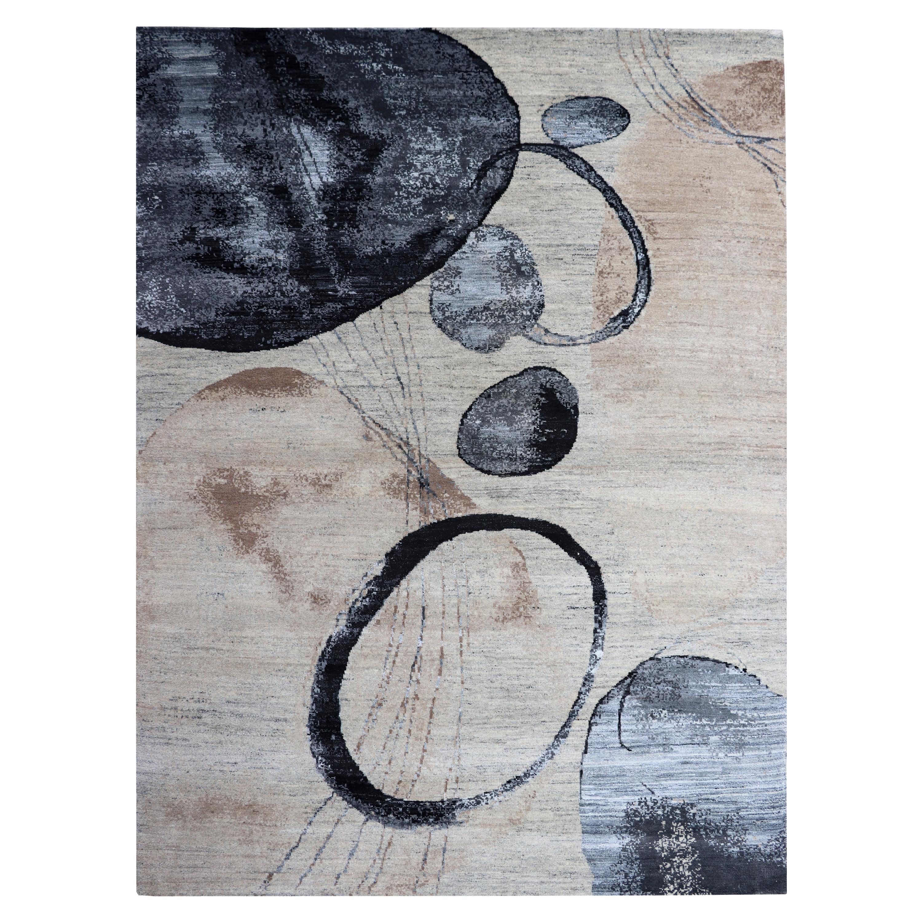 Modernist Abstract Watercolor beige, Nude, Blue, Brown Wool Hand-Knotted Rug For Sale