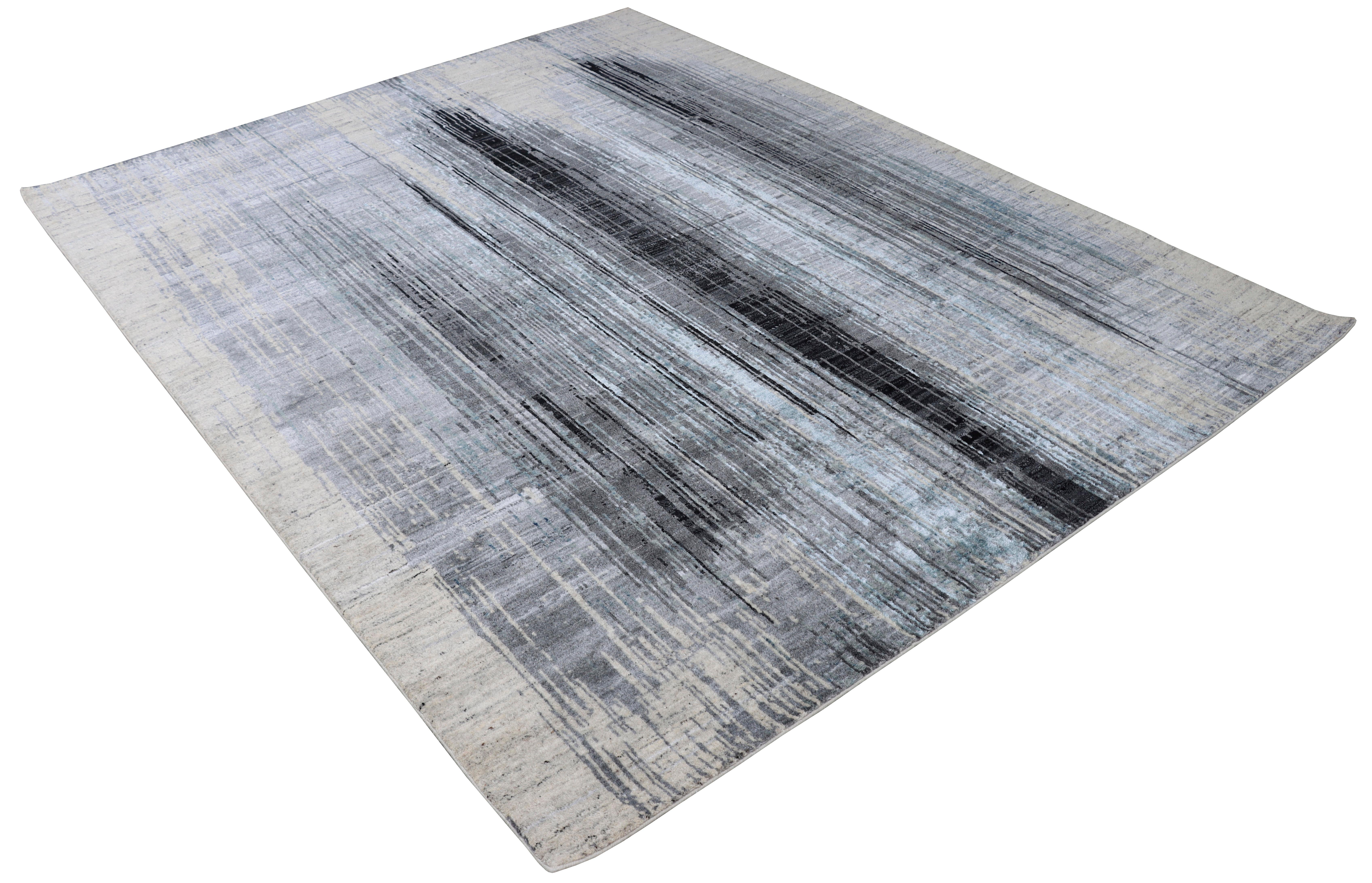 Indian Modernist Abstract Watercolor Gradient Beige and Blue Wool Hand-Knotted Rug For Sale