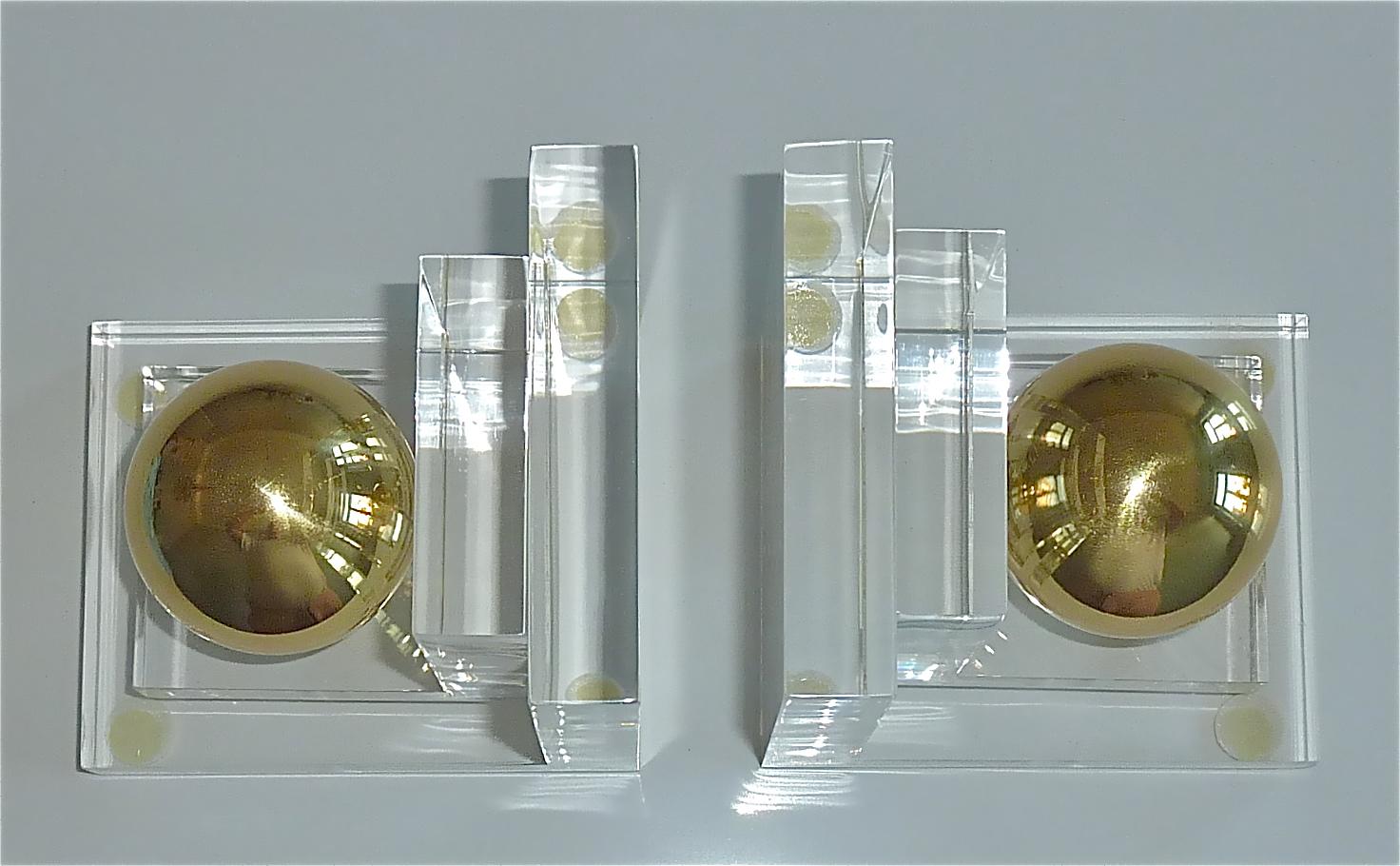 Modernist Acrylic Lucite Brass Bookends Art Deco Style Crespi Maison Jansen 1970 For Sale 5