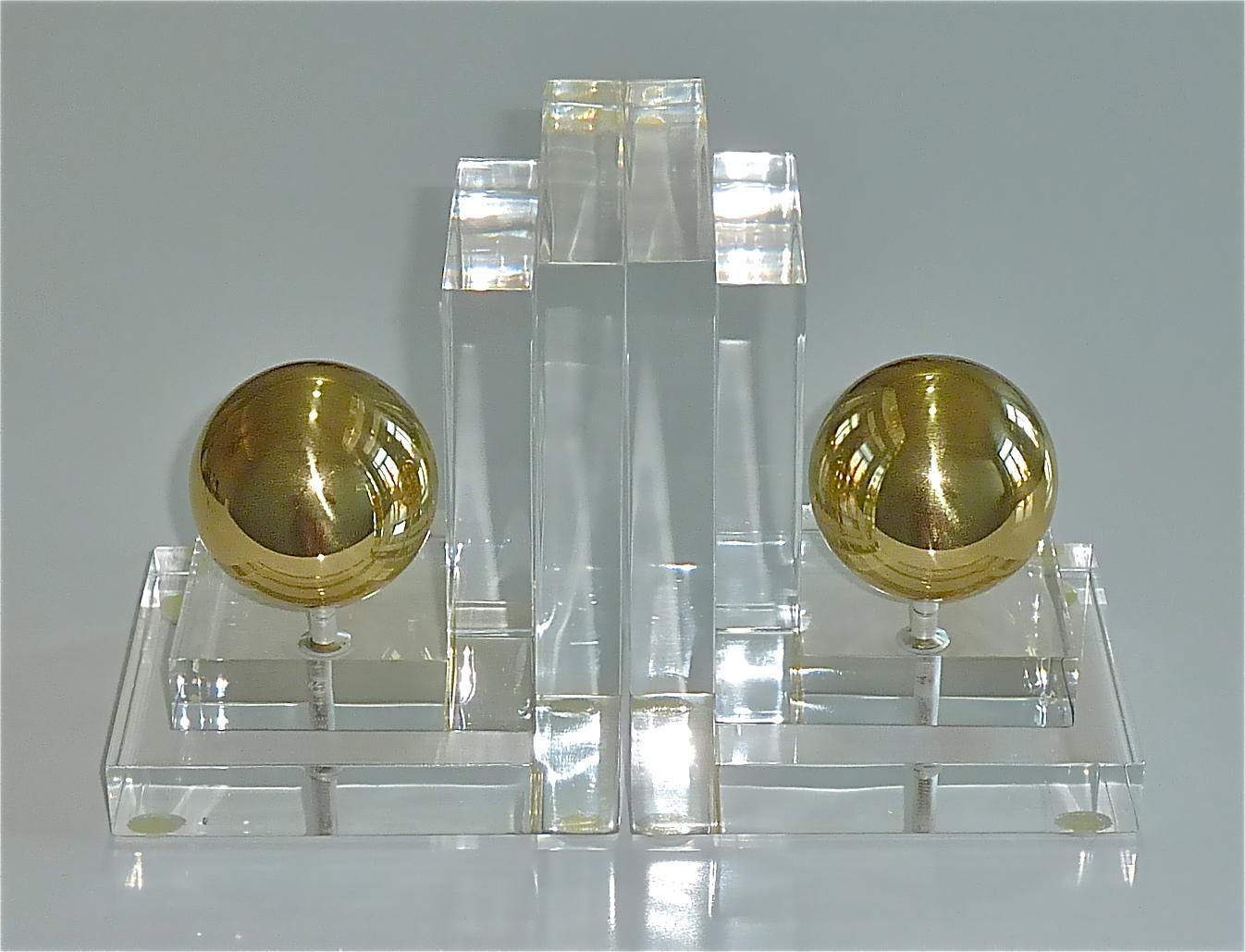 French Modernist Acrylic Lucite Brass Bookends Art Deco Style Crespi Maison Jansen 1970 For Sale