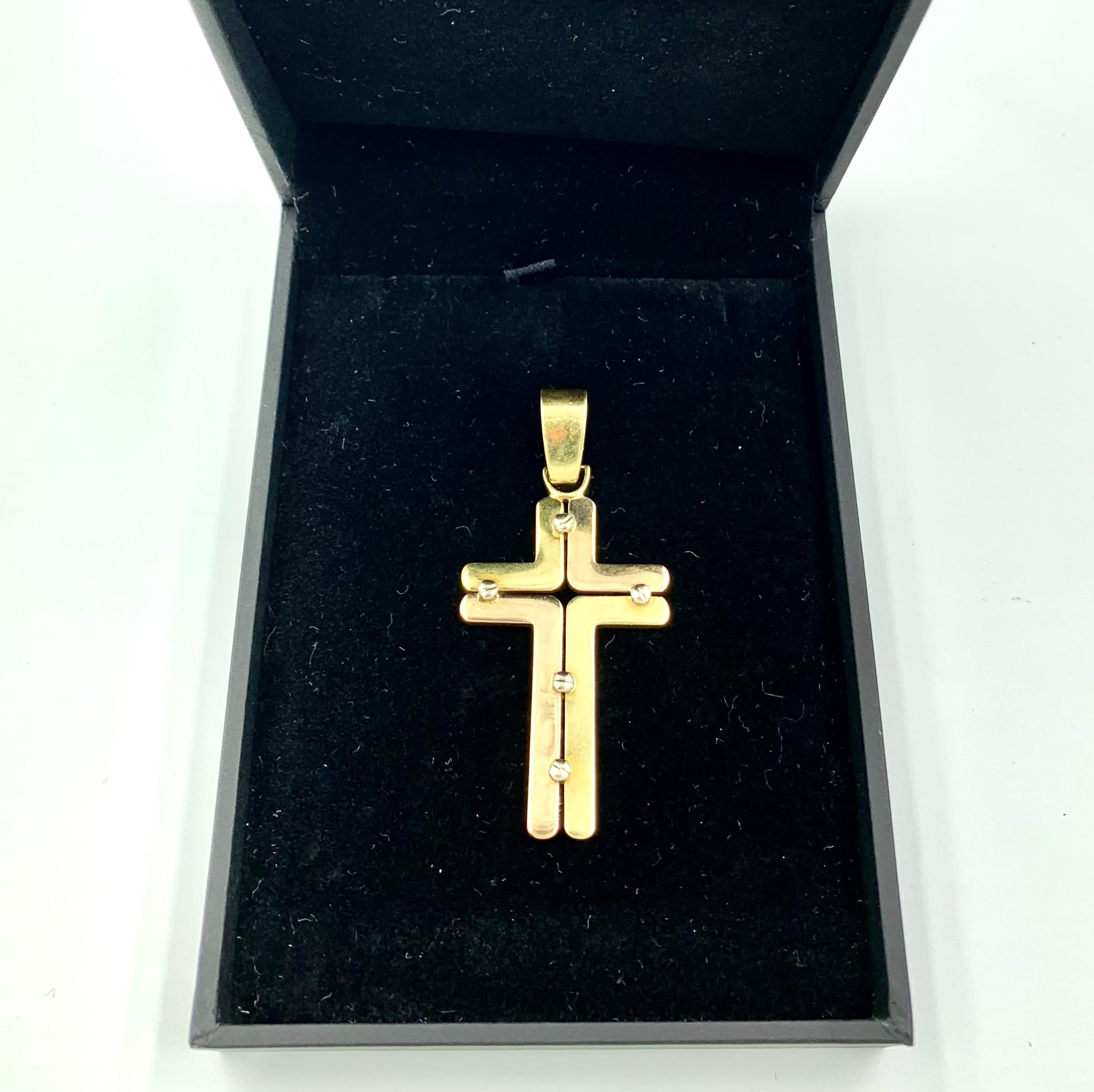 Women's or Men's Italian Modernist Adriano Chimento 18K Tri Color Yellow, Rose, White Gold Cross