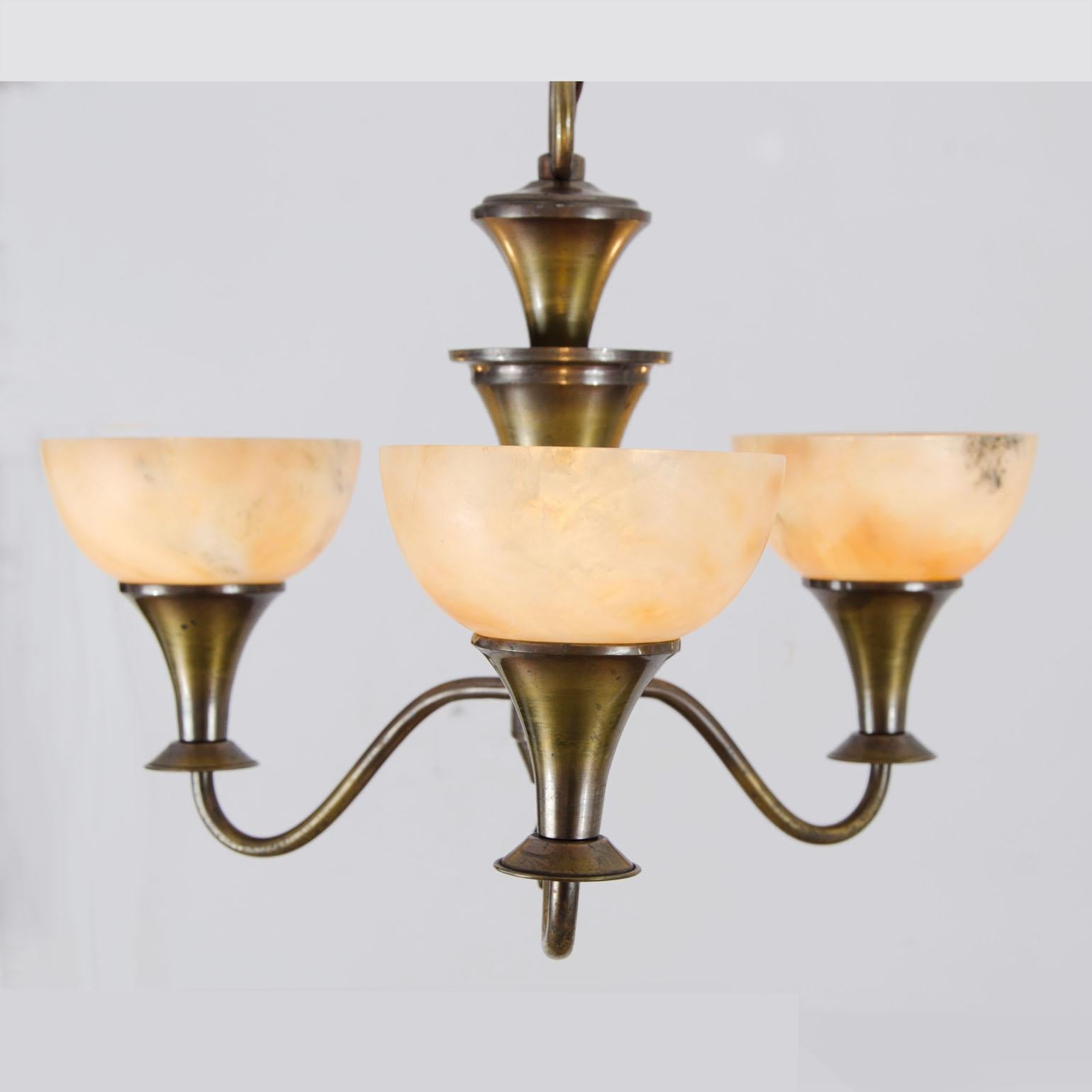 French Modernist Alabaster and Bronze Three Arm Chandelier For Sale