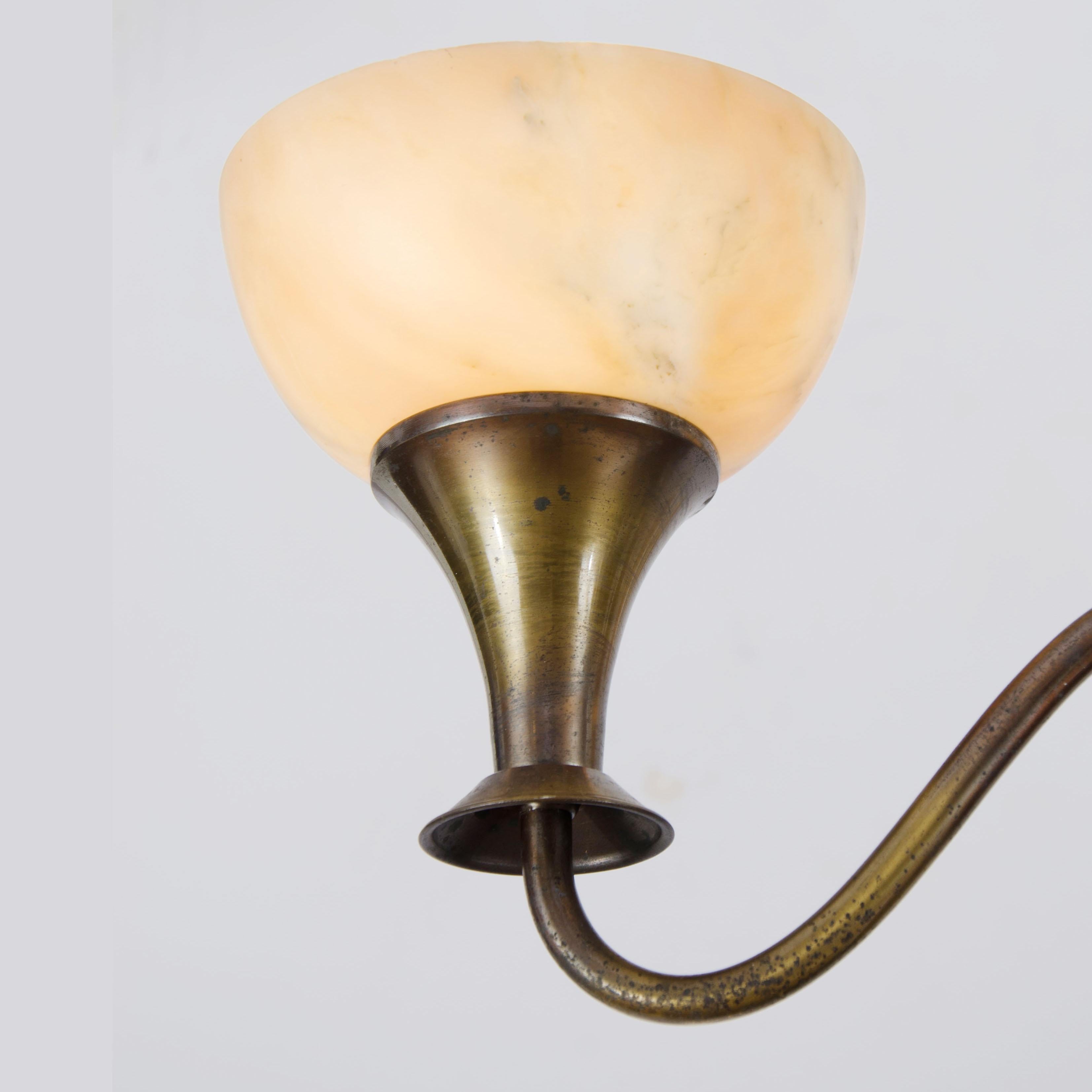 Modernist Alabaster and Bronze Three Arm Chandelier In Excellent Condition For Sale In London, GB