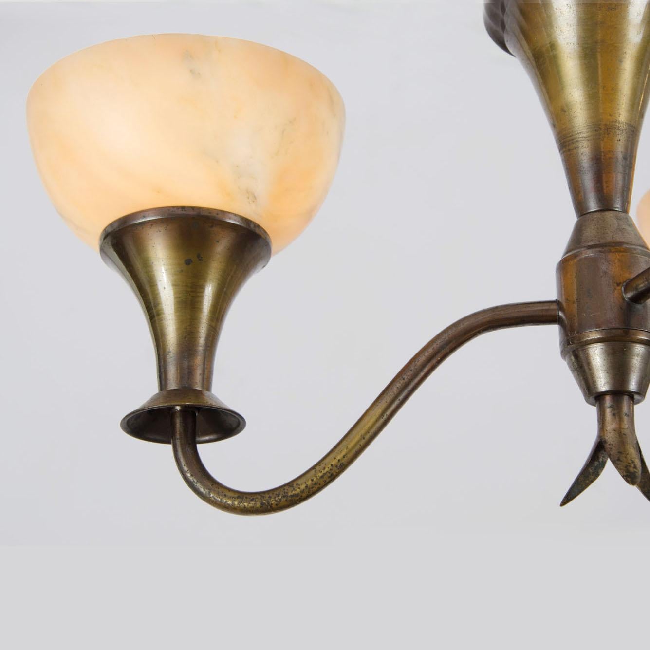 Modernist Alabaster and Bronze Three Arm Chandelier For Sale 1