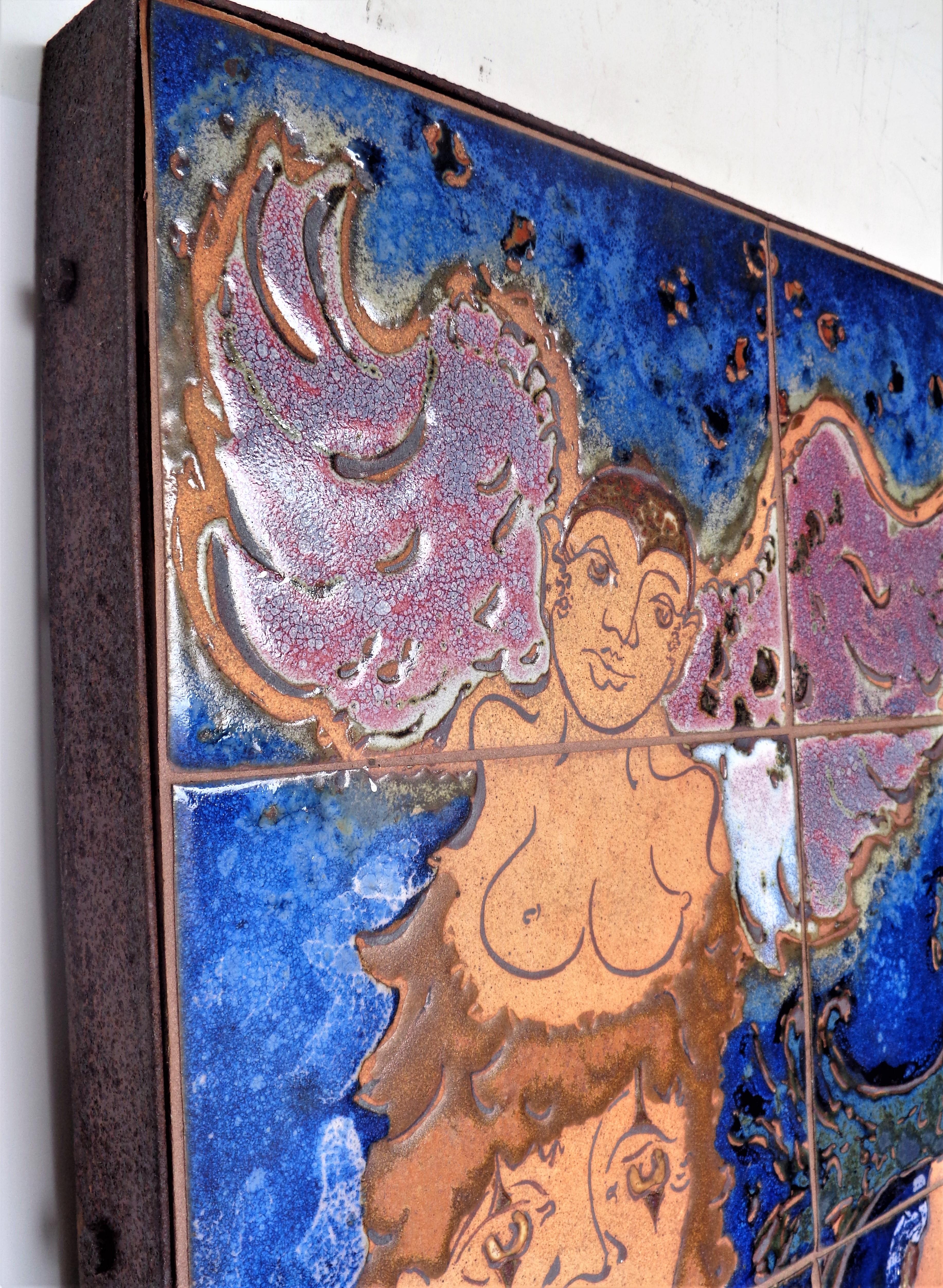 Cuit Plaque murale italienne moderne allégorique en céramique avec carreaux, 1960-1970 en vente